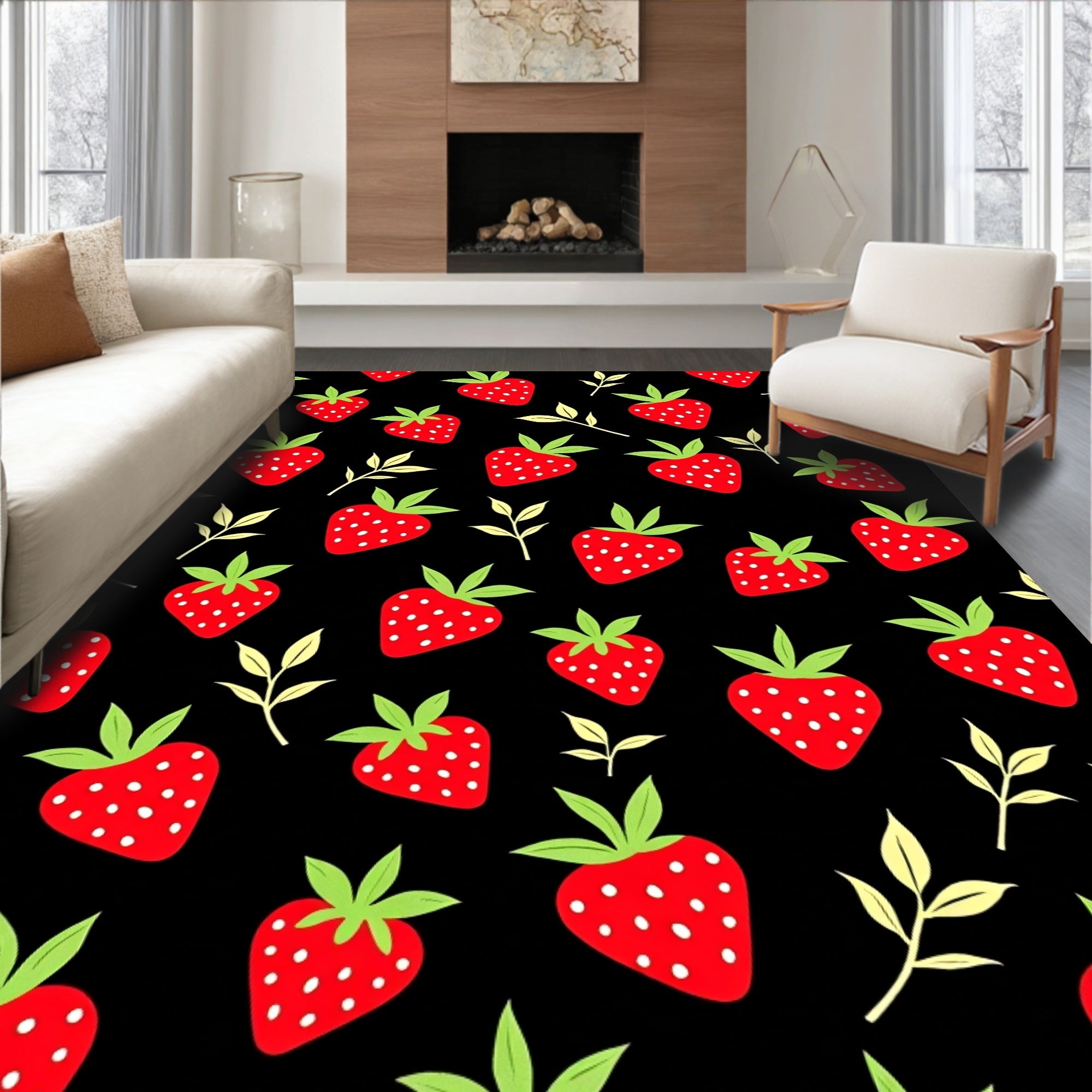 Juicy Strawberry Black Background Repeating Pattern Rug