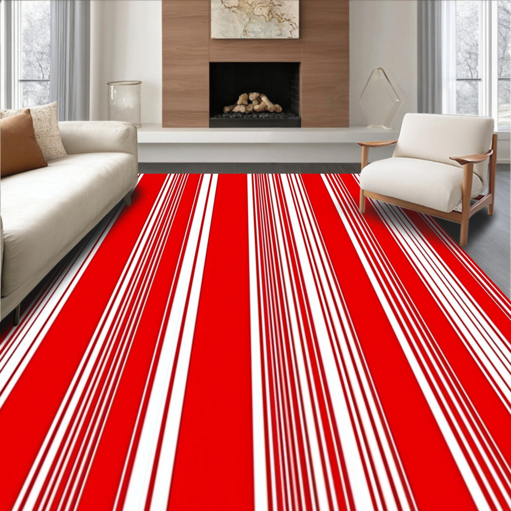 Bold Red White Vertical Stripe Rug
