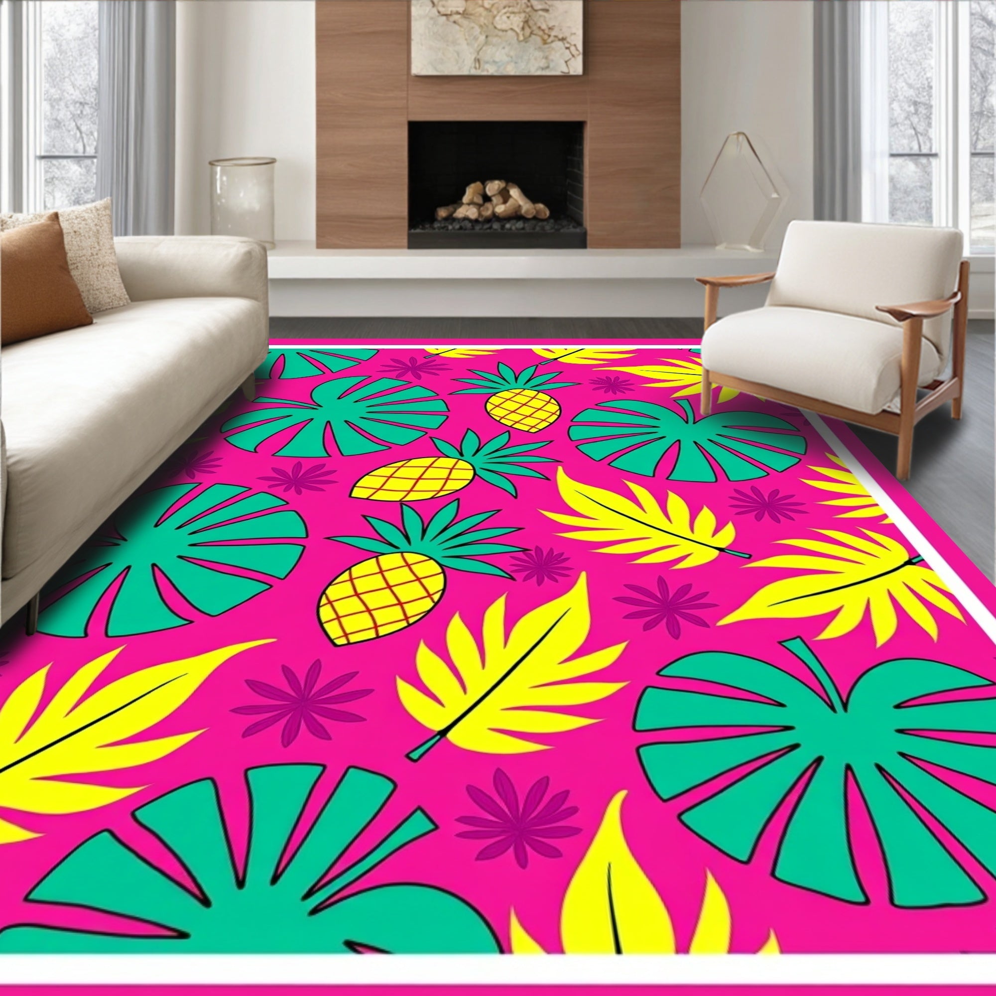 Vibrant Pink Pineapple Tropical Foliage Rug