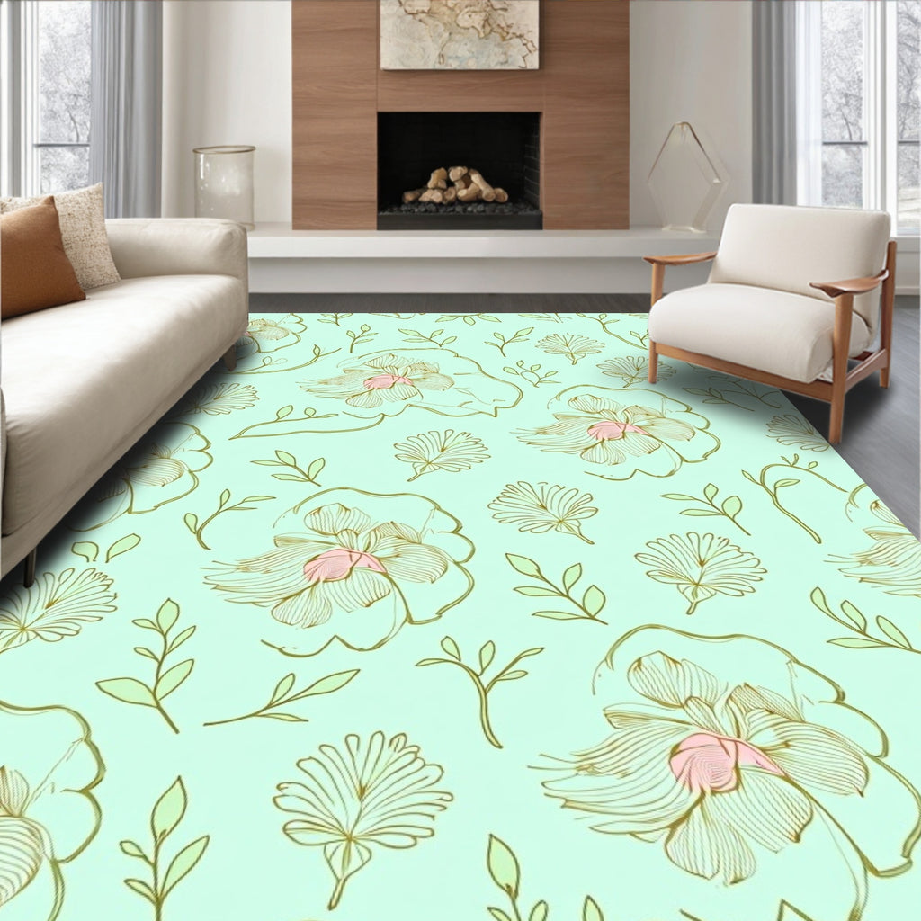 Pastel Mint Floral Line Art Rug