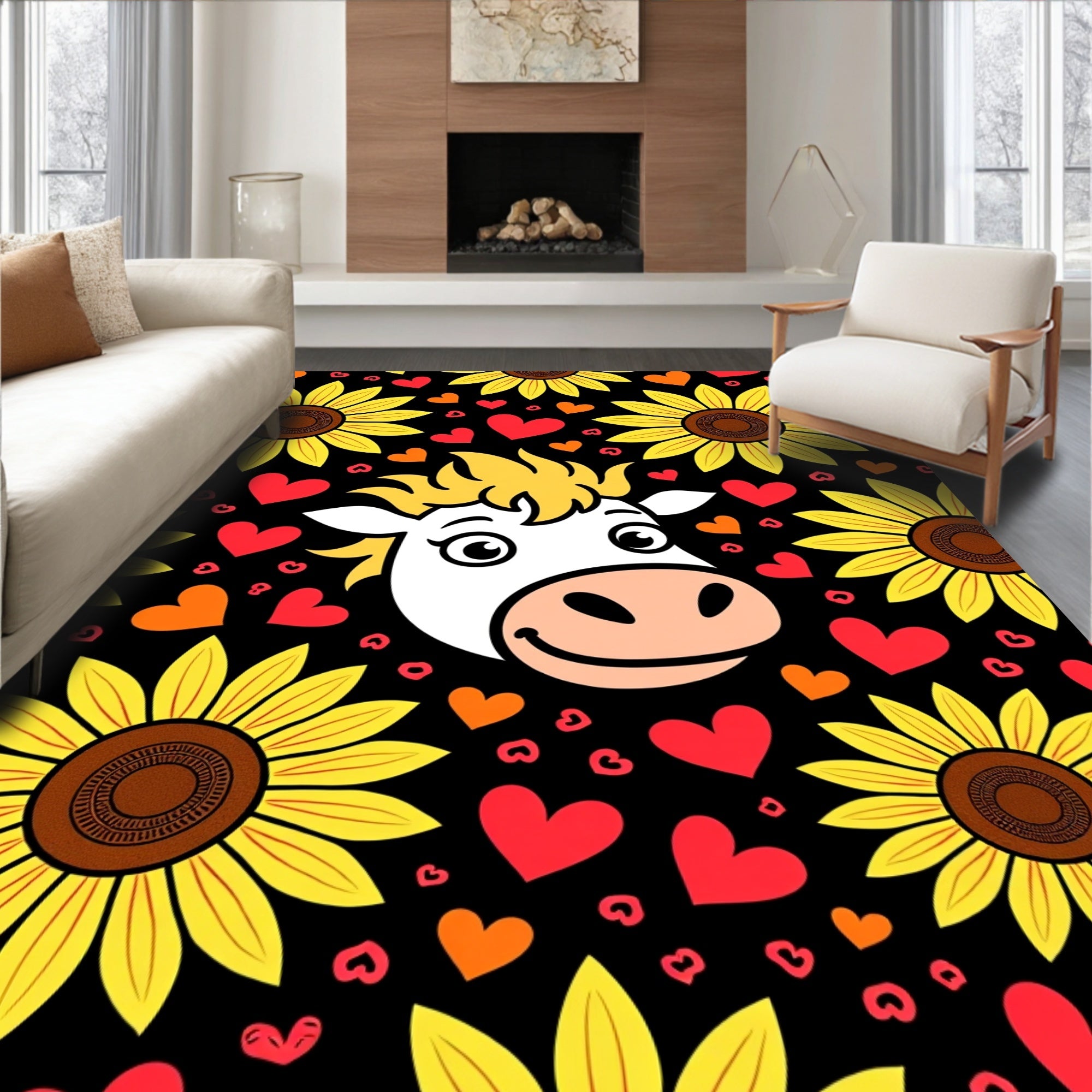 Charming Cow Sunflowers Hearts Black Rug