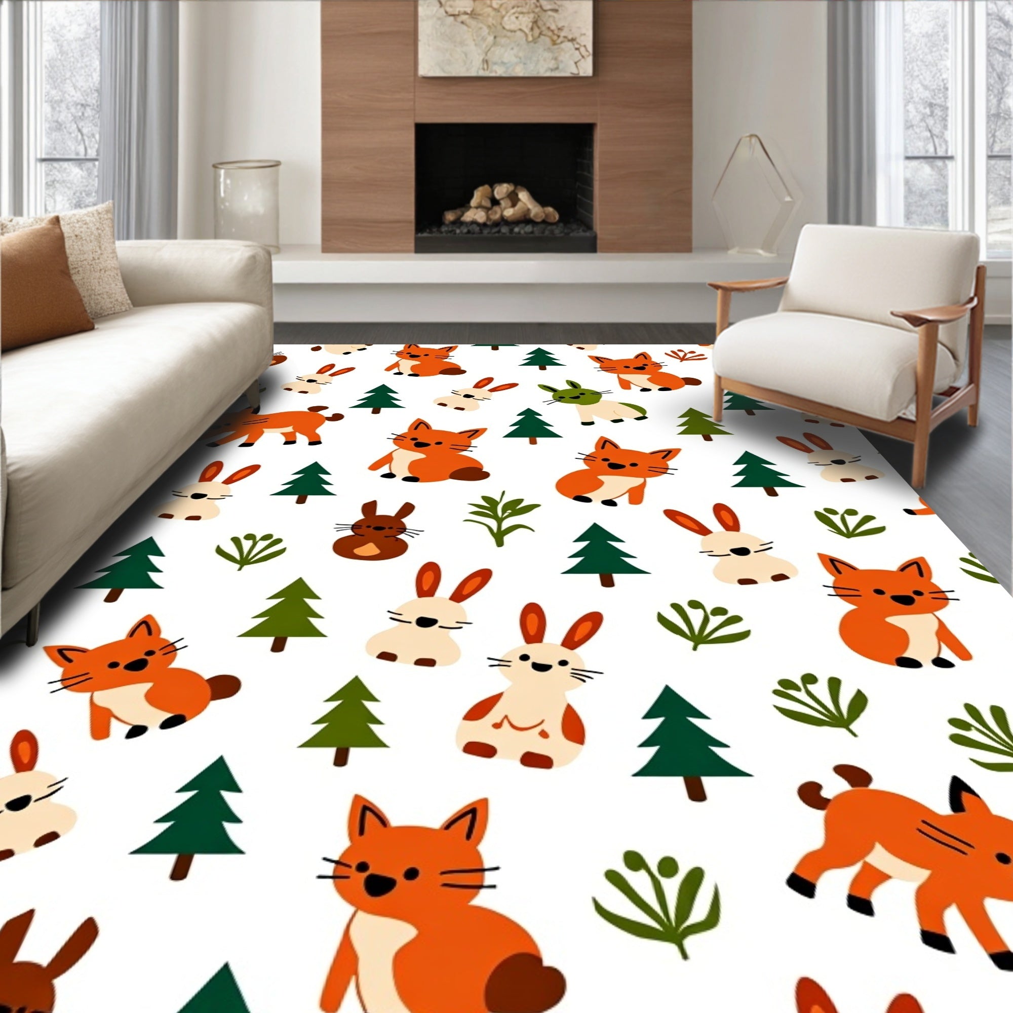 Whimsical Woodland Fox and Bunny Friends Rug