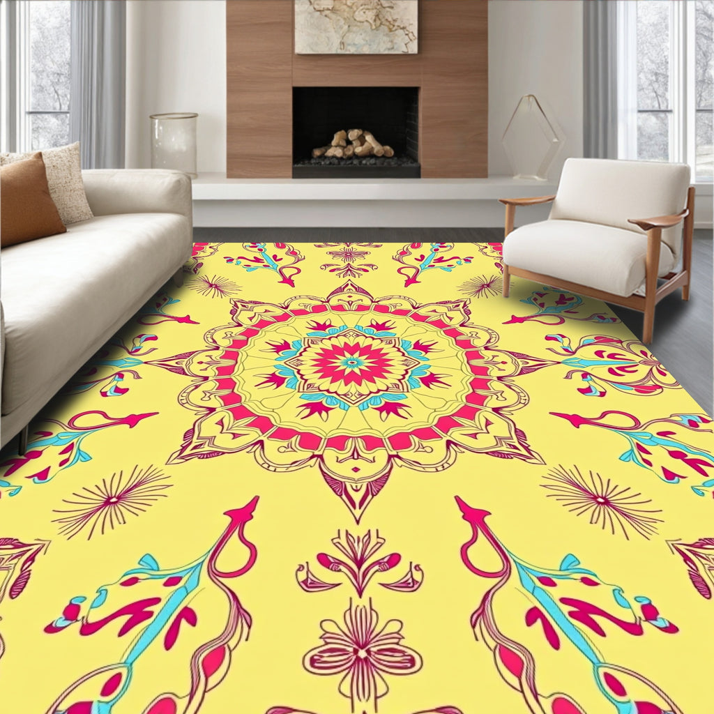 Vibrant Yellow Pink Mandala Flourish Rug