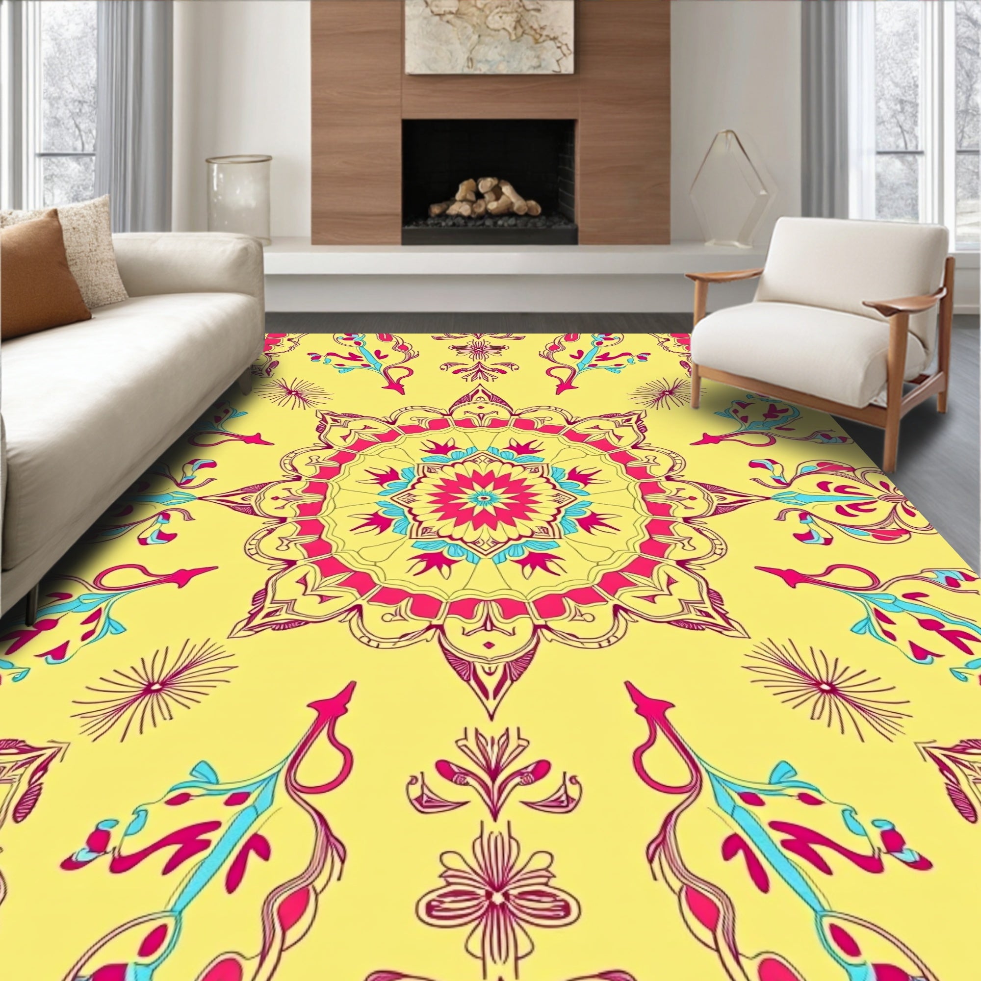 Vibrant Yellow Pink Mandala Flourish Rug