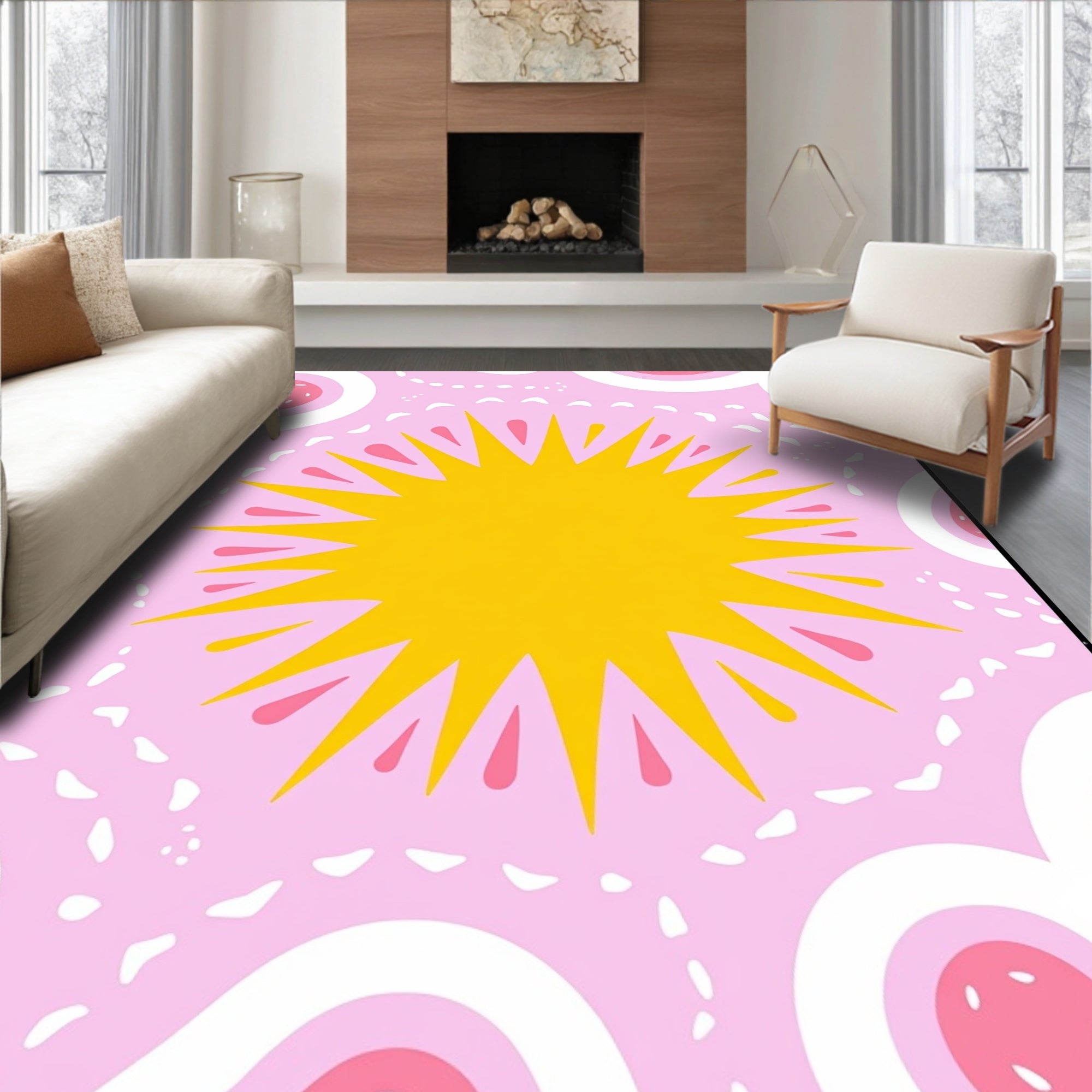 Radiant Sunburst Pink Watercolor Blooms Rug