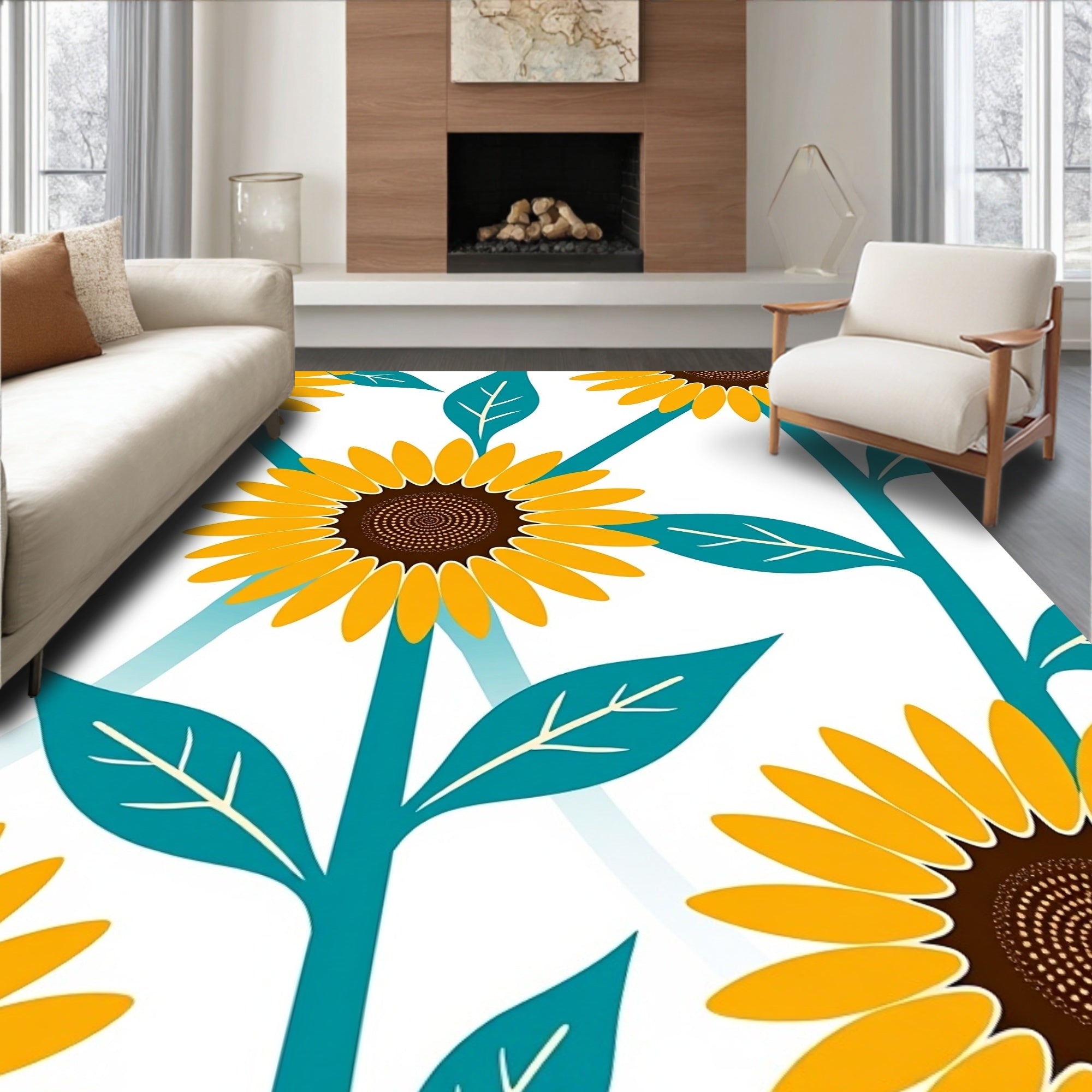 Golden Sunflowers Teal Leaf Garden Rug