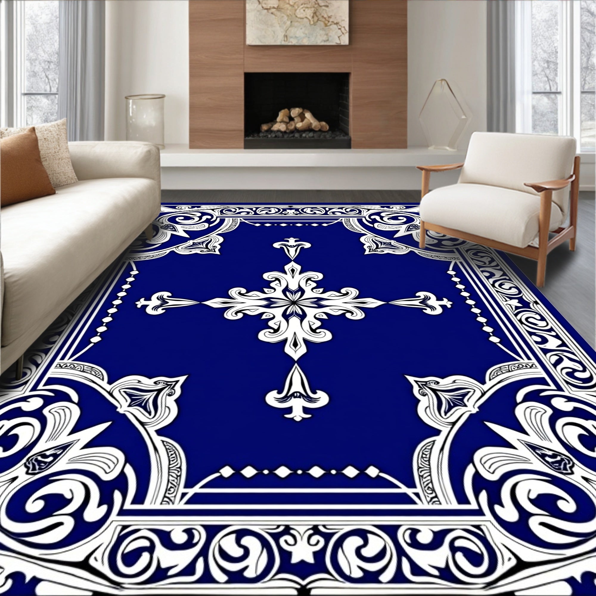 Royal Blue Ornate Floral Medallion Rug