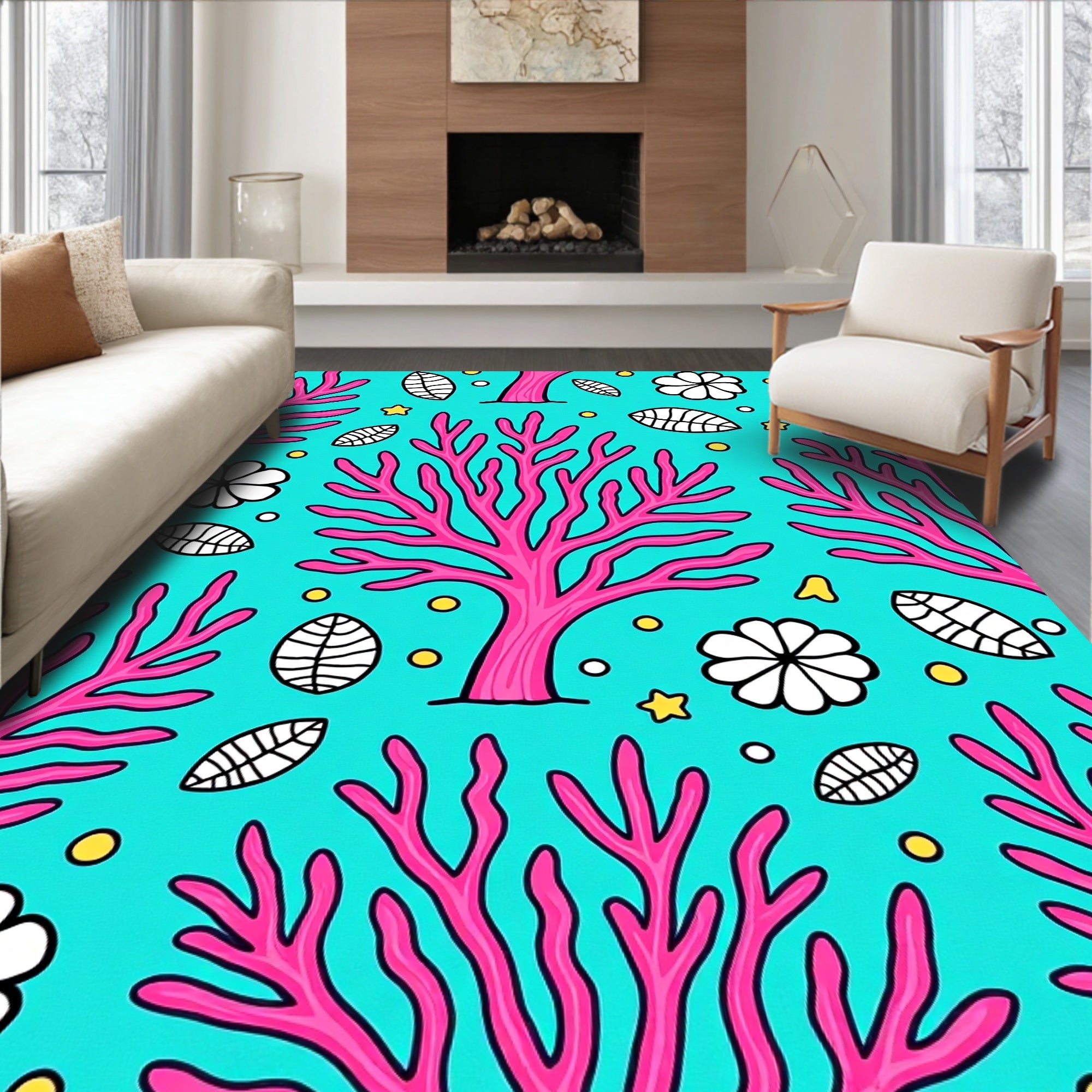Bright Pink Coral Whimsical Aquatic Scene Rug