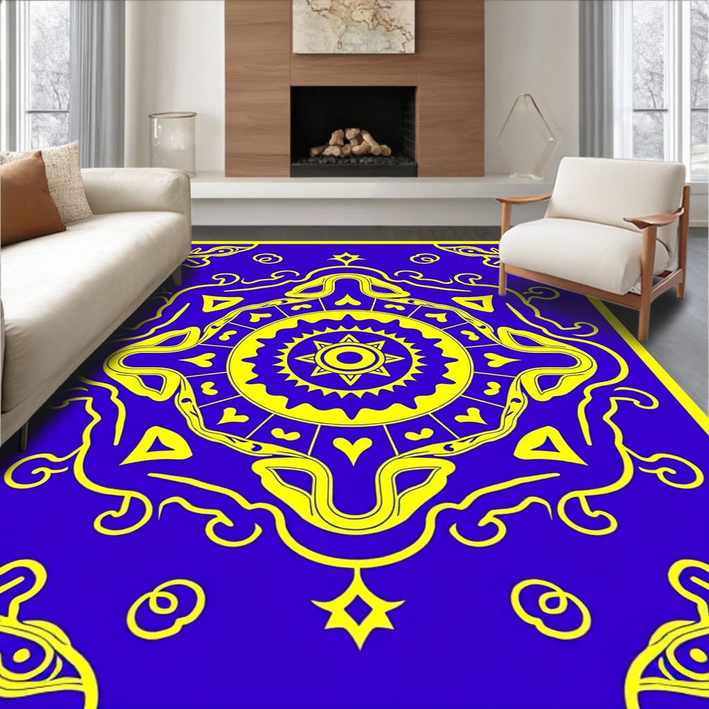 Bold Yellow Sunburst Medallion Blue Rug