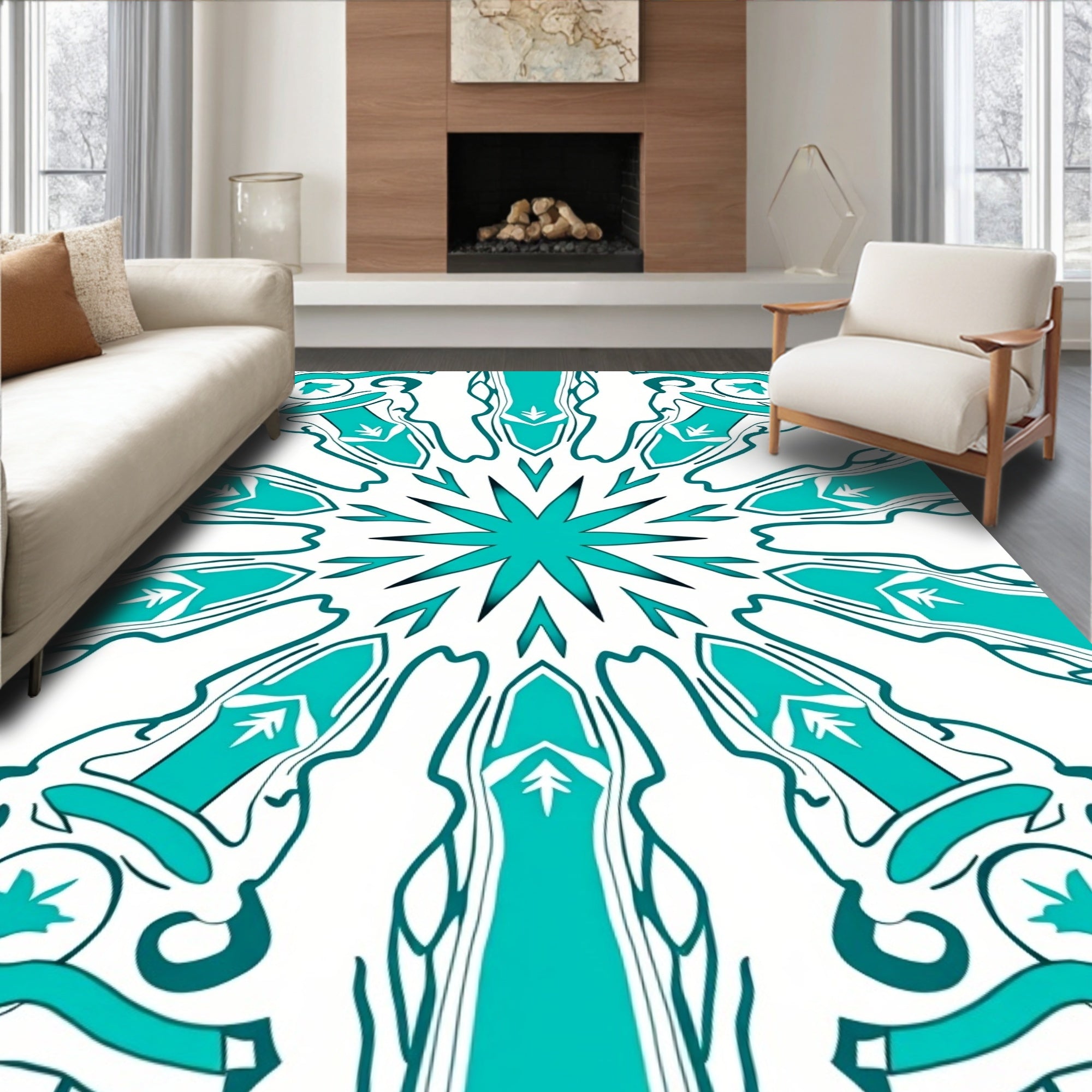 Teal Starburst Mandala Symmetry Rug