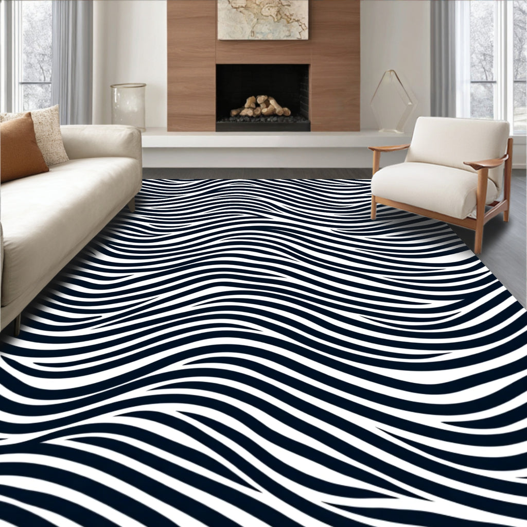 Bold Black White Striped Wave Rug