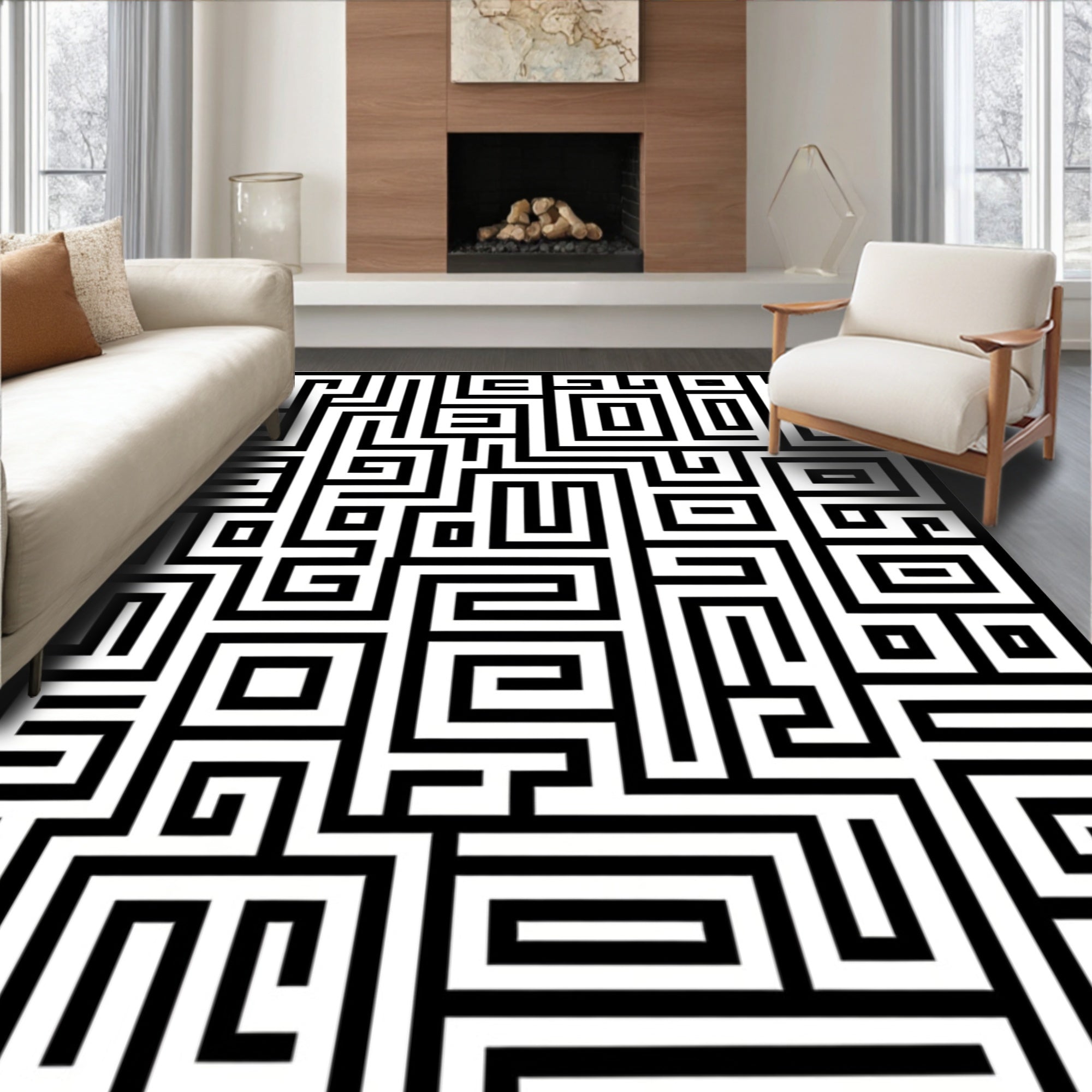 Abstract Black White Labyrinth Lines Rug