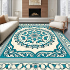 Elegant Teal Floral Mandala Border Rug