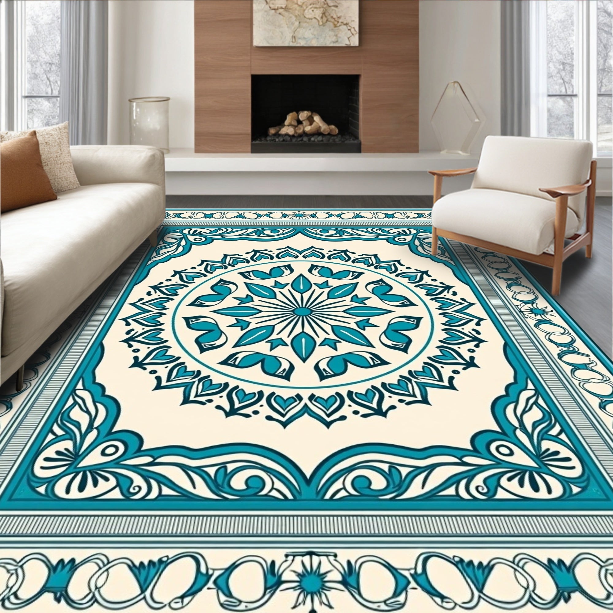 Elegant Teal Floral Mandala Border Rug