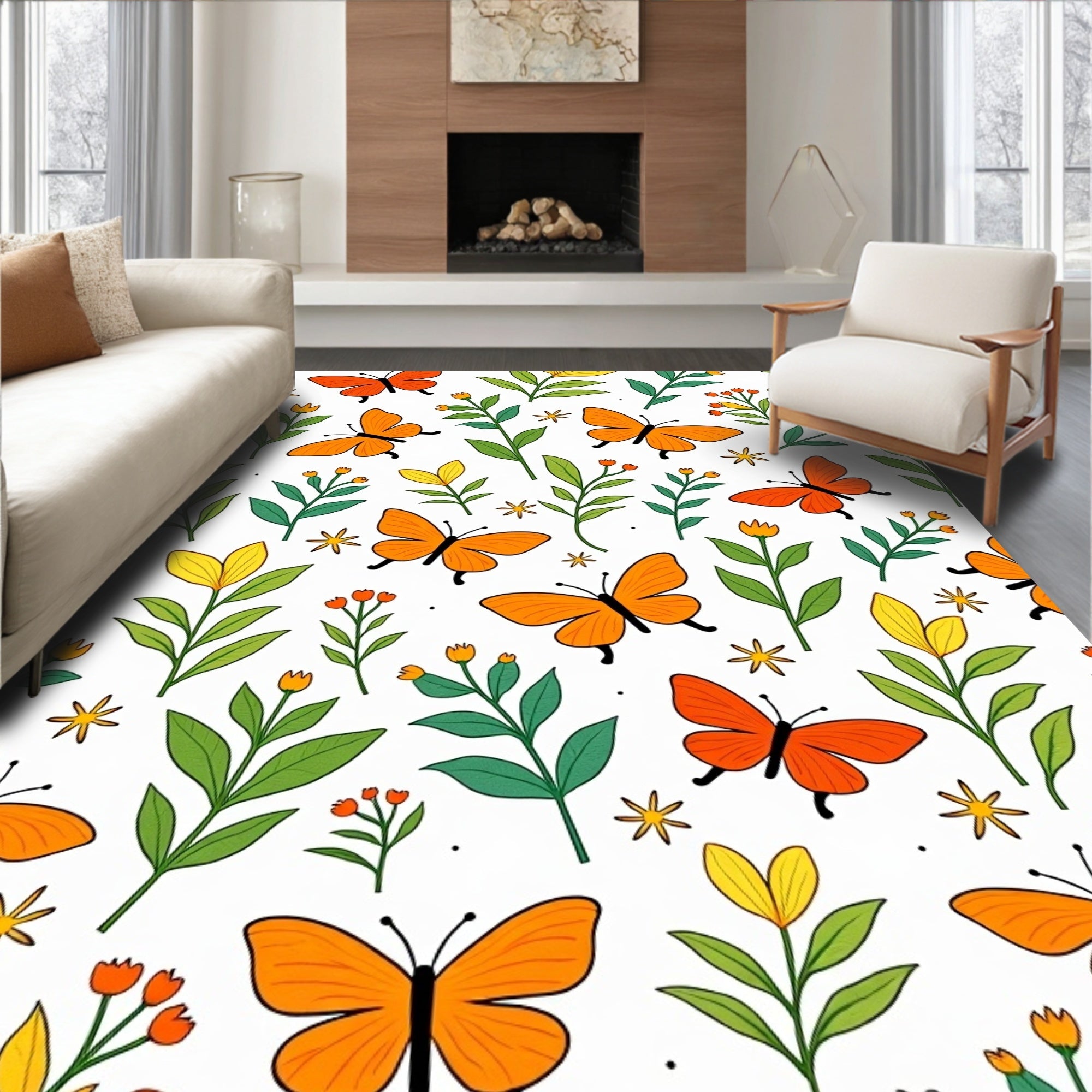 Orange Butterfly Garden Foliage Rug