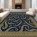 Navy Gold Flowing Swirl Botanical Border Rug