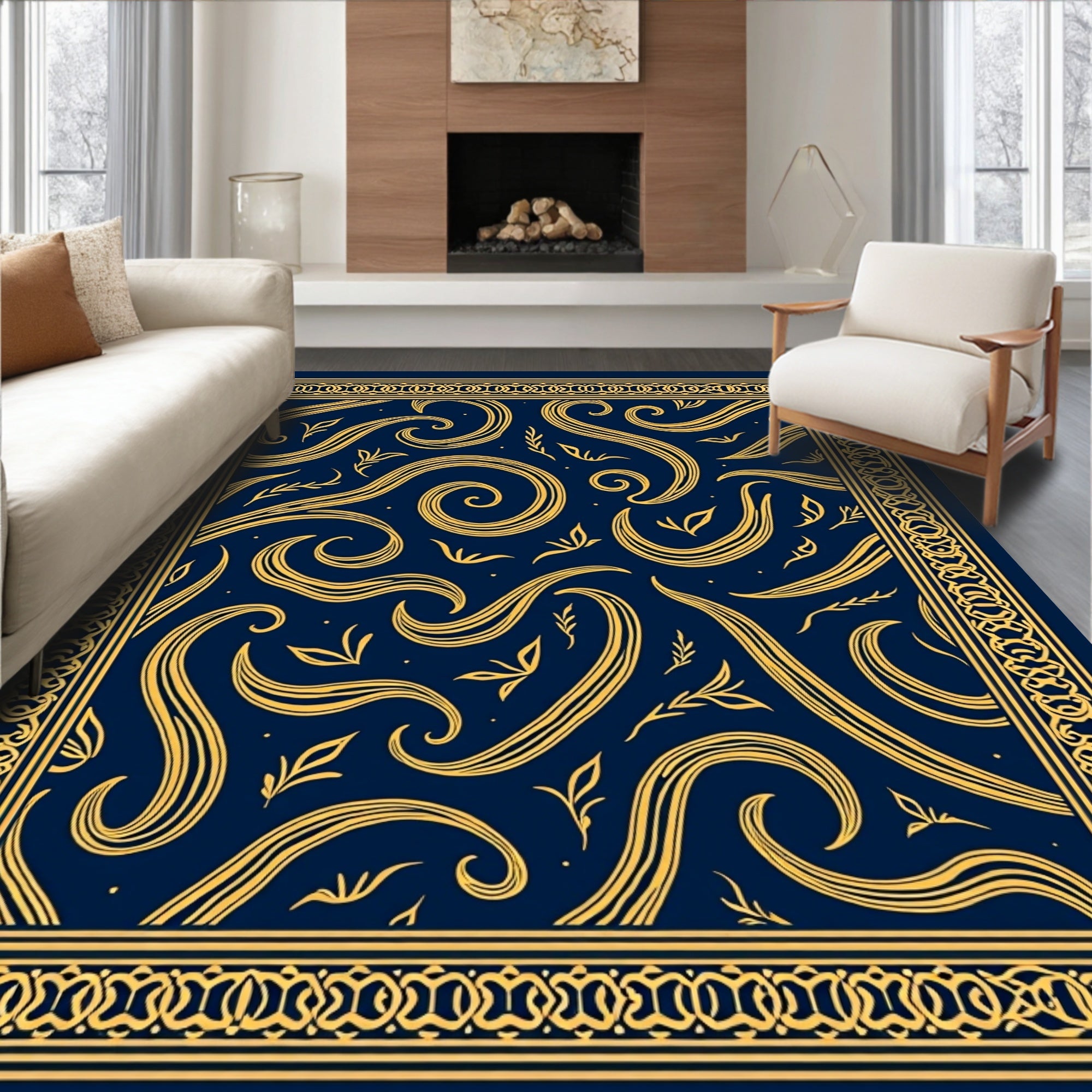 Navy Gold Flowing Swirl Botanical Border Rug