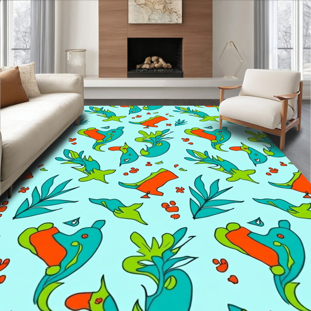 Bright Teal Orange Abstract Creatures Rug