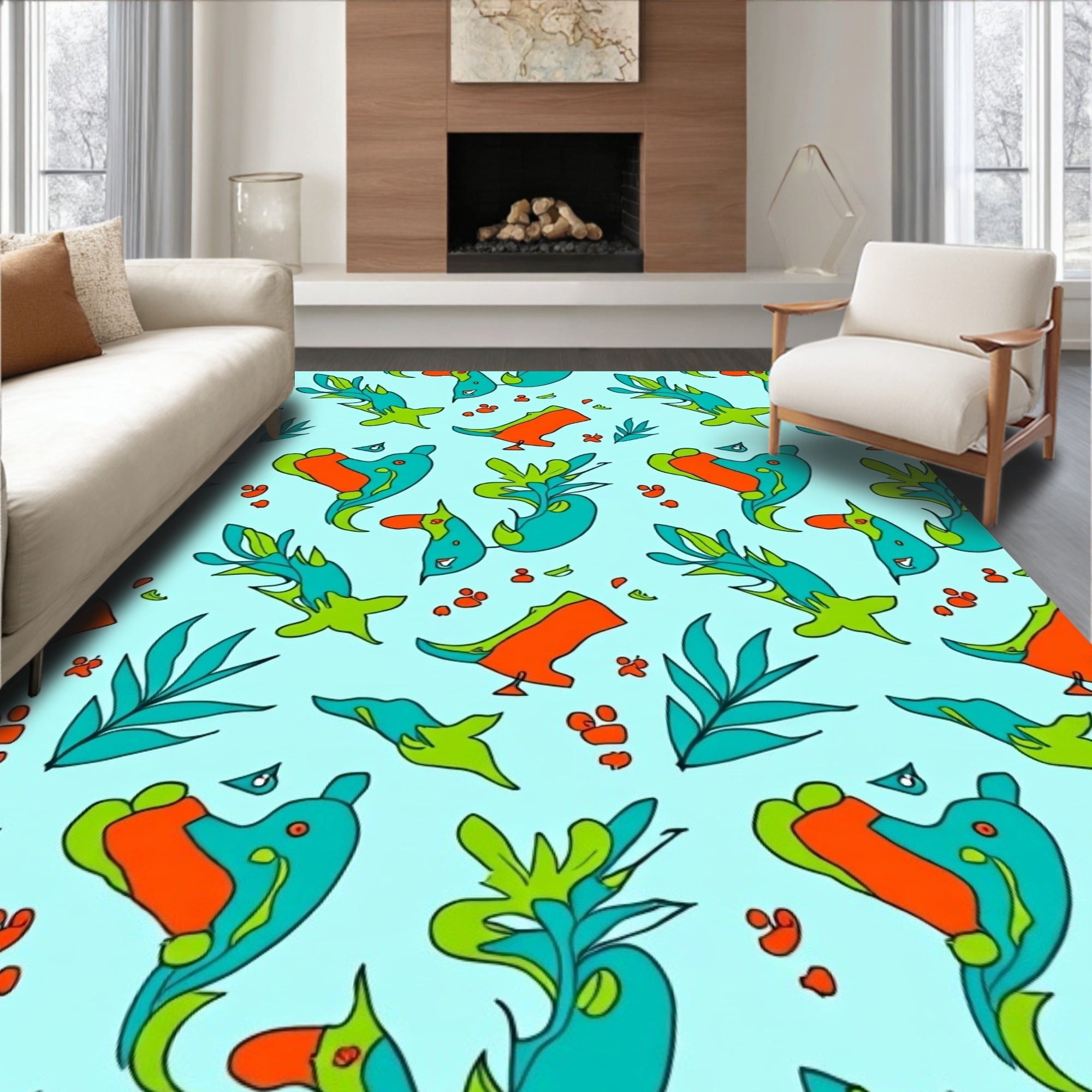 Bright Teal Orange Abstract Creatures Rug