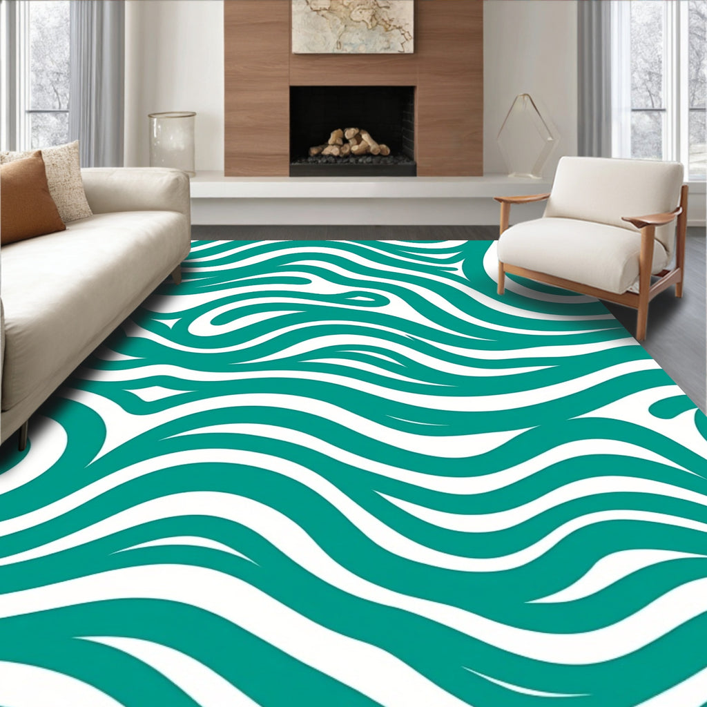 Teal White Flowing Wave Rug