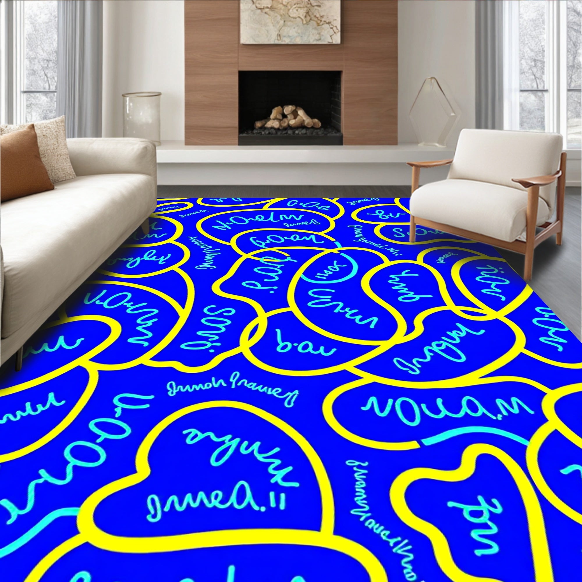 Blue Yellow Organic Text Shapes Rug