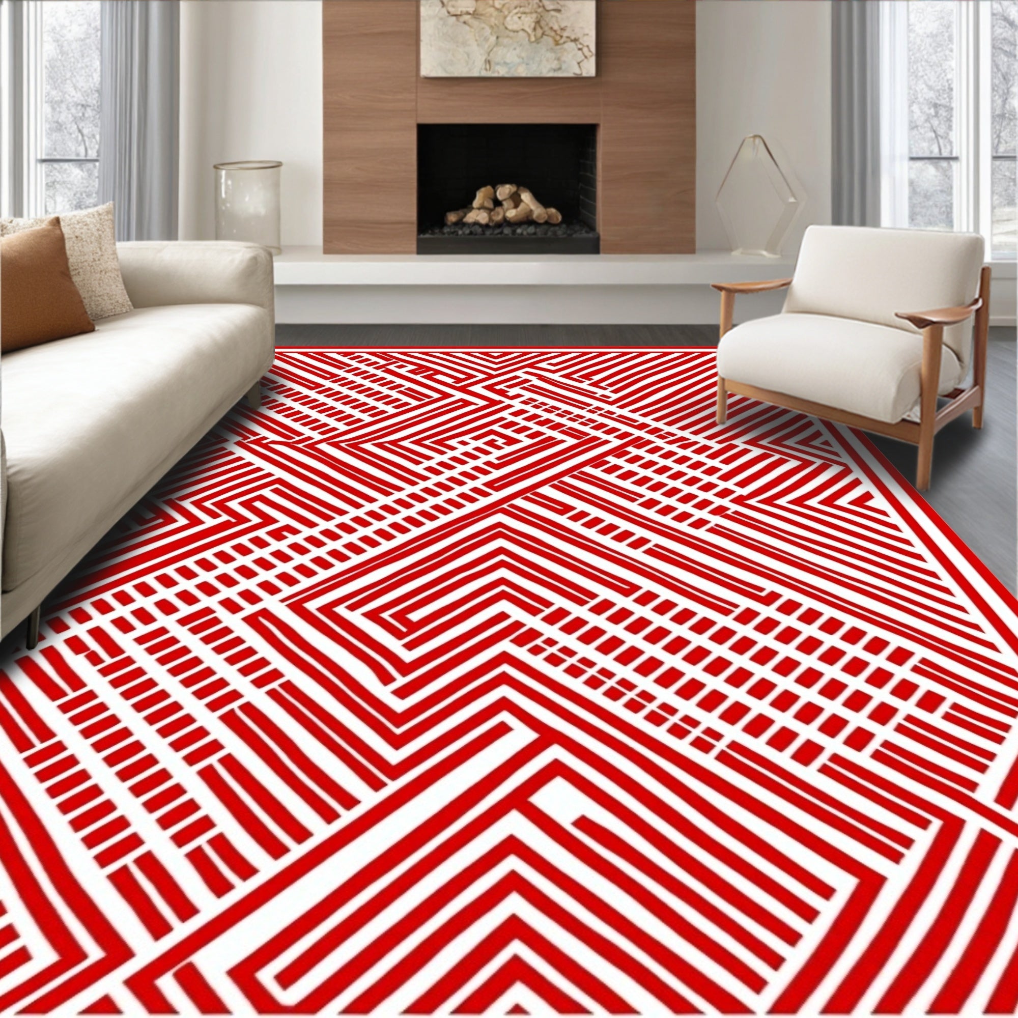 Red Geometric Maze Stripes Rug