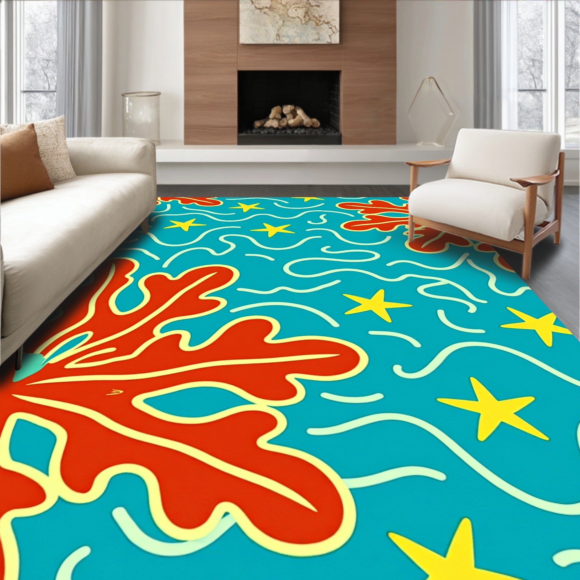 Vibrant Red Coral Yellow Star Rug
