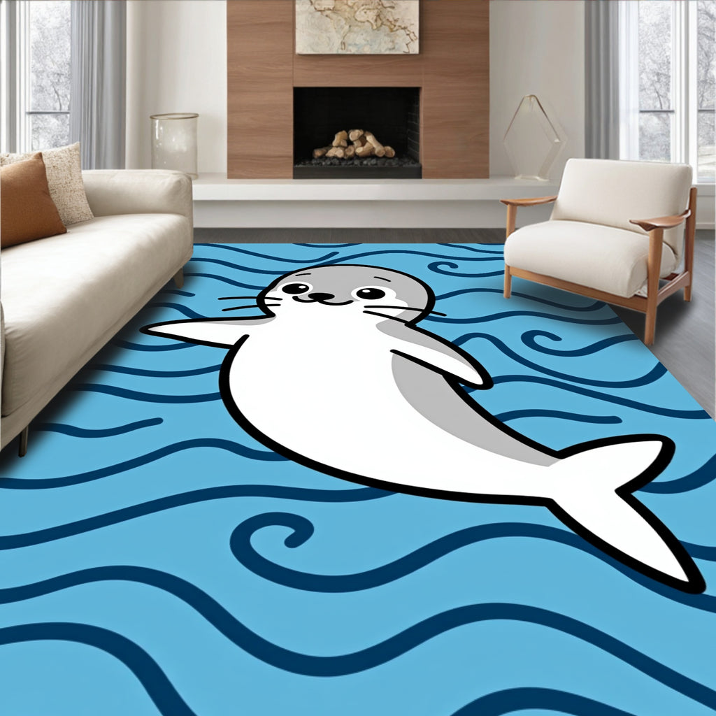 Cute White Seal Blue Wave Swirls Rug