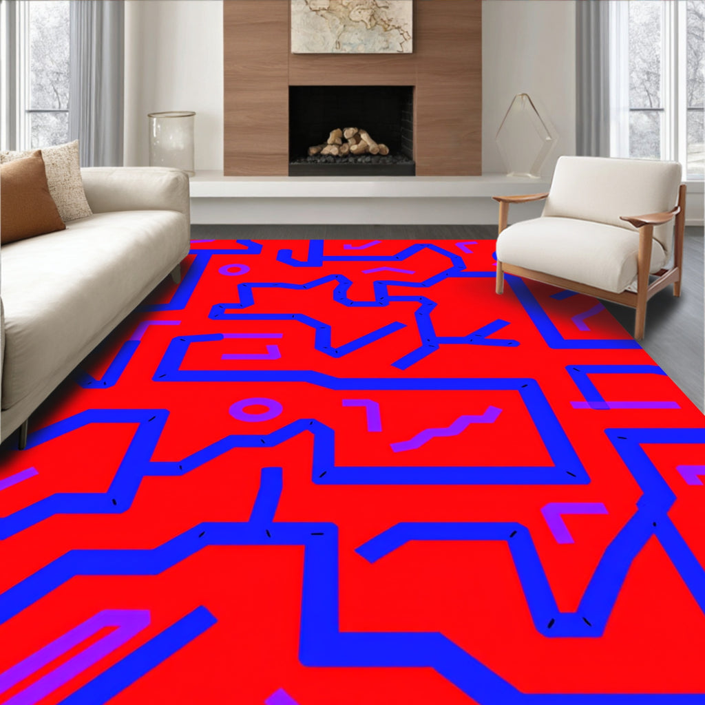 Crimson and Blue Geometric Maze Art Rug