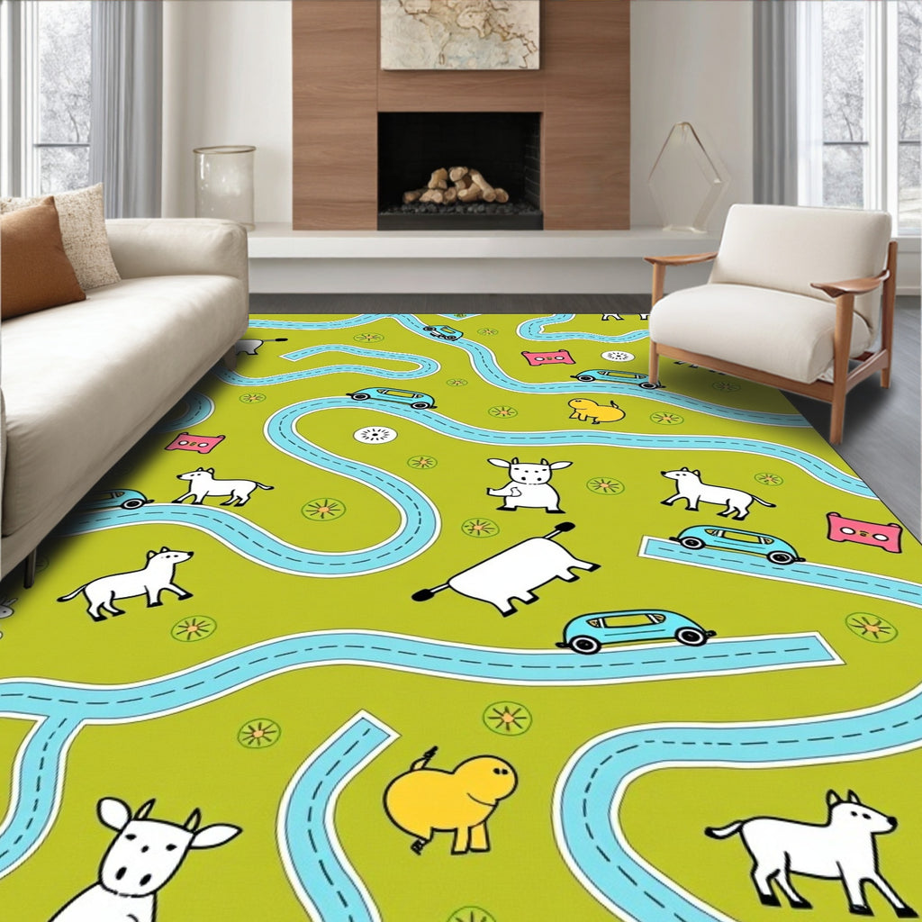 Whimsical Green Farm Animal Road Race Rug