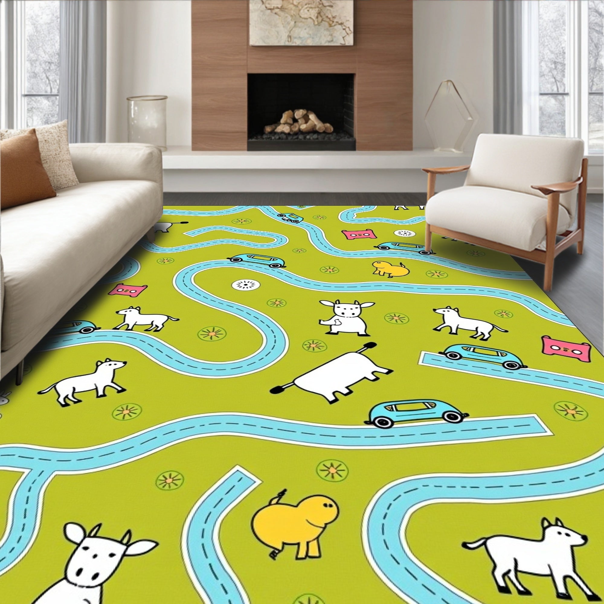 Whimsical Green Farm Animal Road Race Rug
