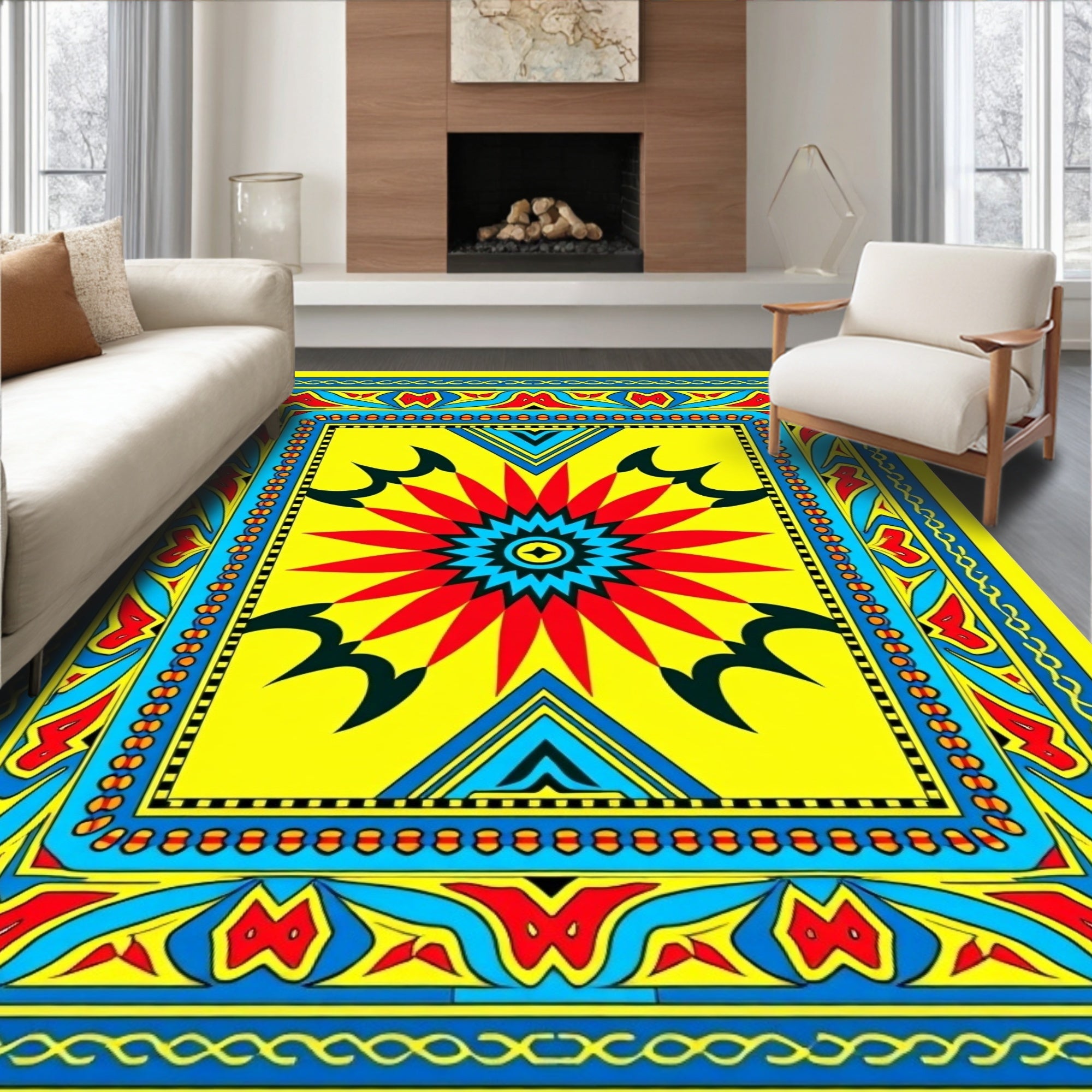 Vibrant Yellow Red Sunburst Medallion Rug