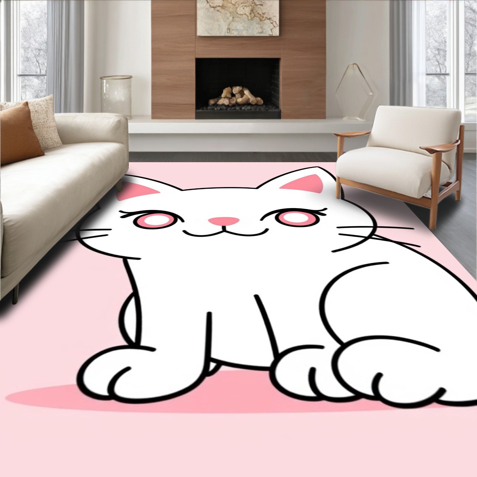 Cute White Cat Pink Background Simple Rug