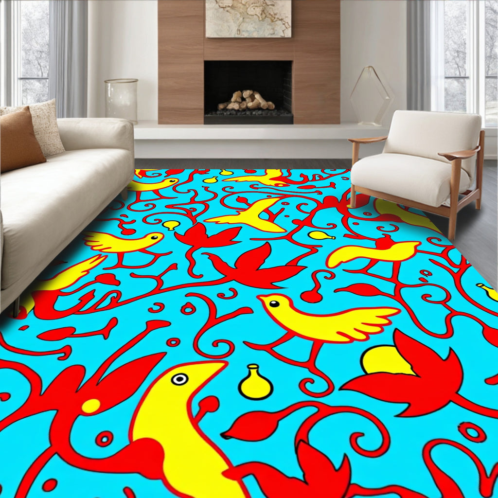 Bright Yellow Birds Red Vines Aquamarine Rug
