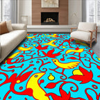 Bright Yellow Birds Red Vines Aquamarine Rug