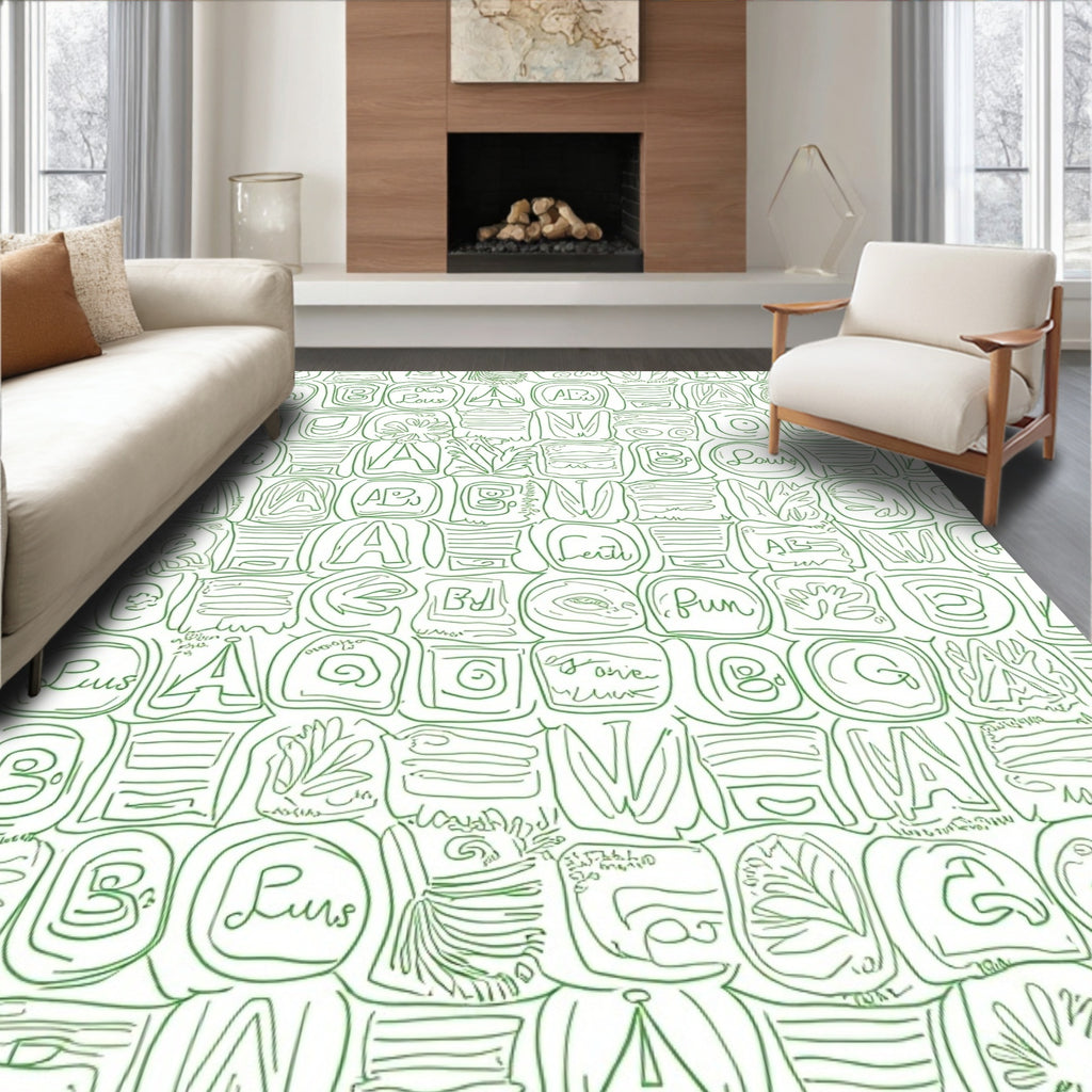 Green Hand Drawn Alphabet And Flora Rug