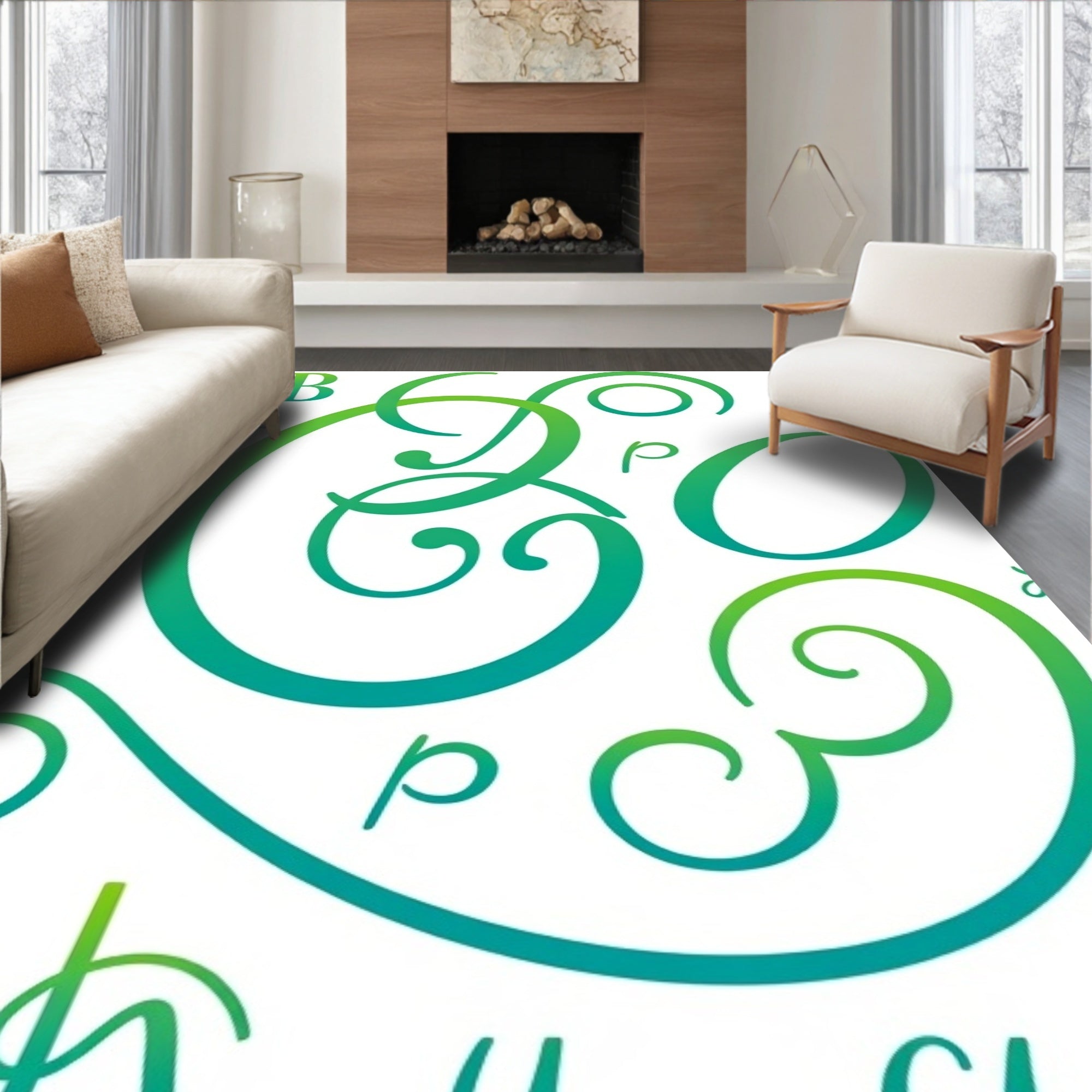 Abstract Green Calligraphic Alphabet Gradient Rug