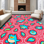 Whimsical Blue Creatures Swirls Bright Red Rug