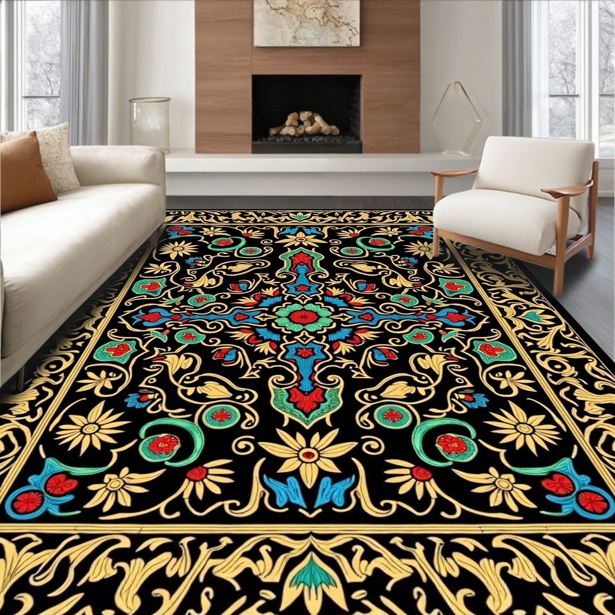 Ornate Red Blue Golden Floral Border Rug