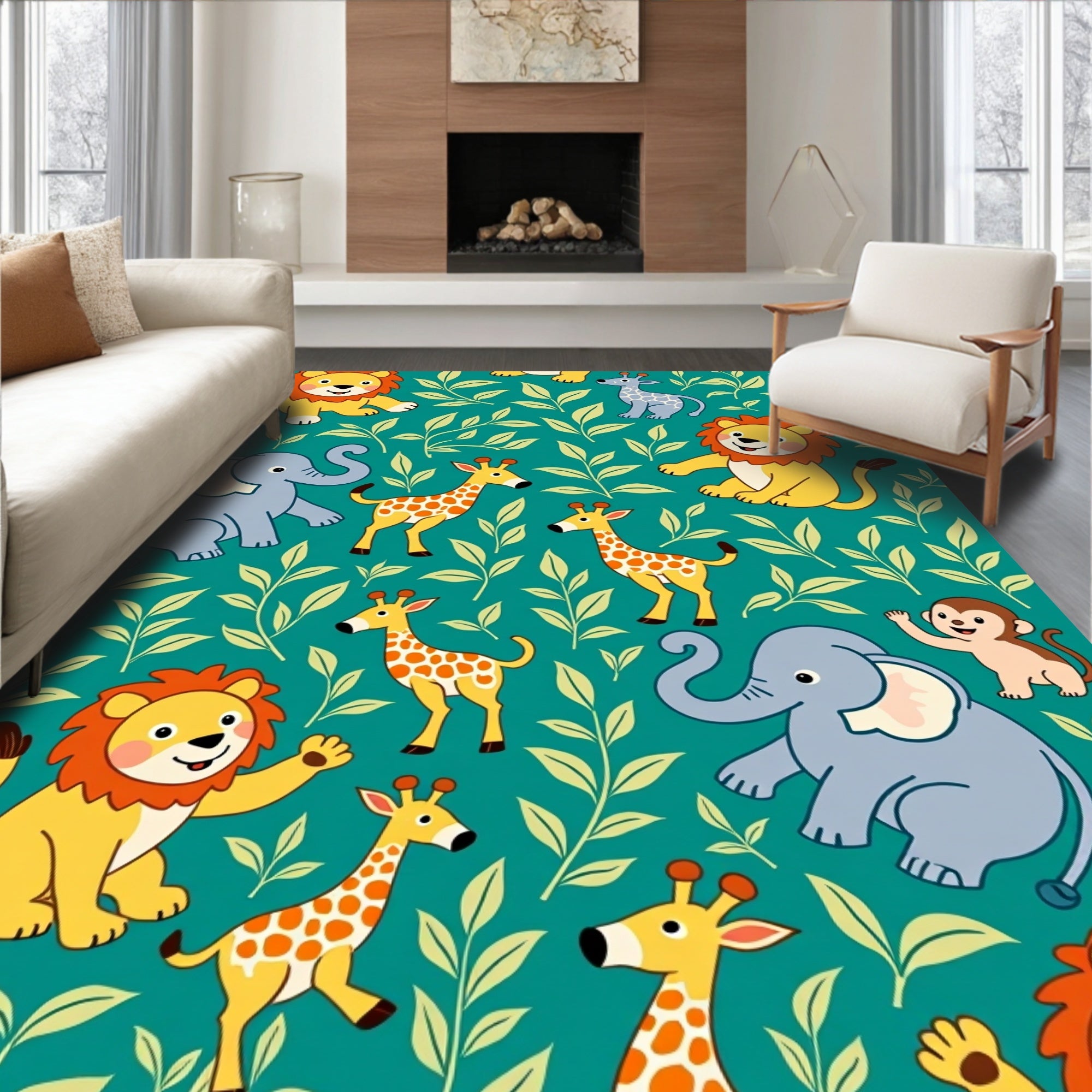 Cute Jungle Animals Green Foliage Rug