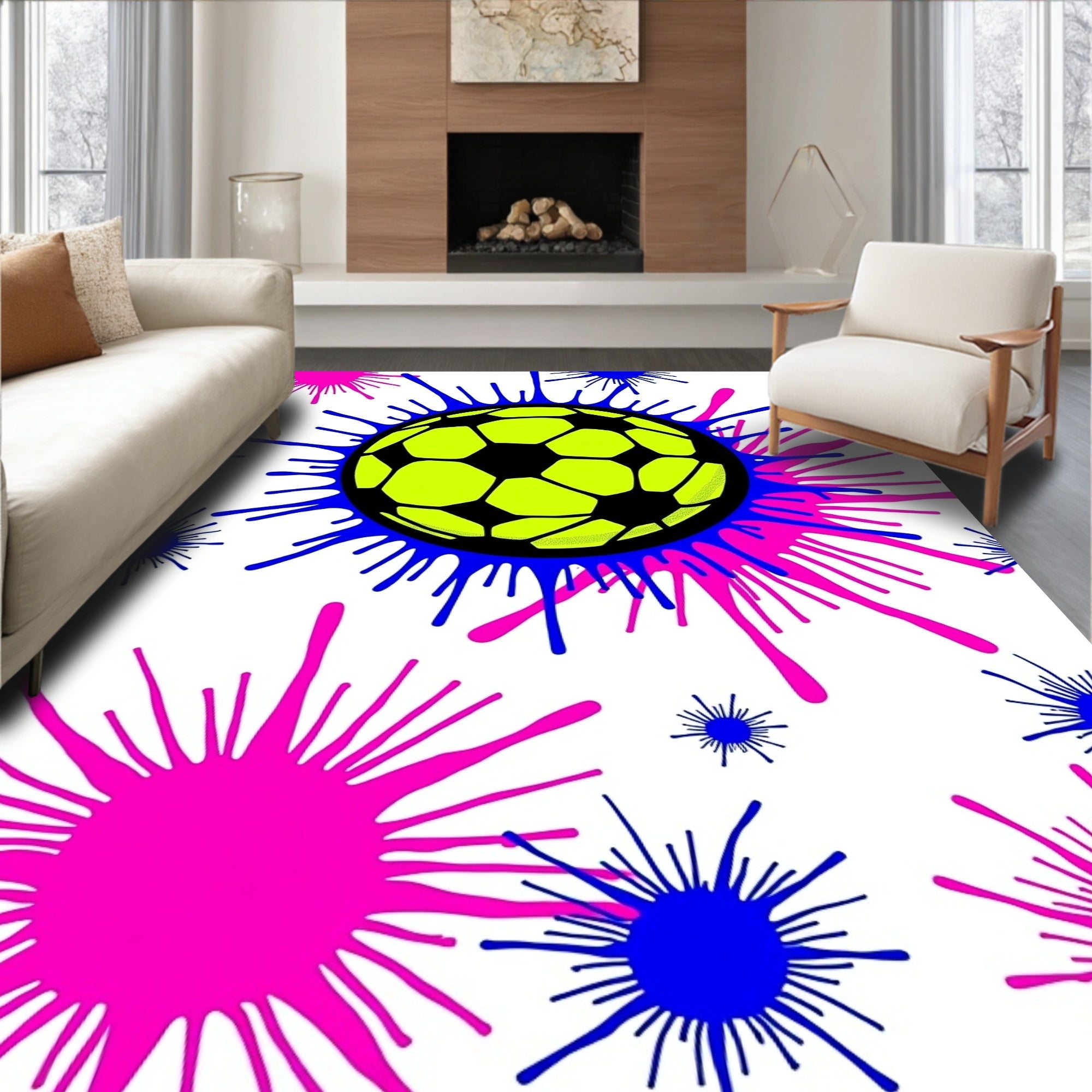 Neon Soccer Ball Splatter Explosion Rug