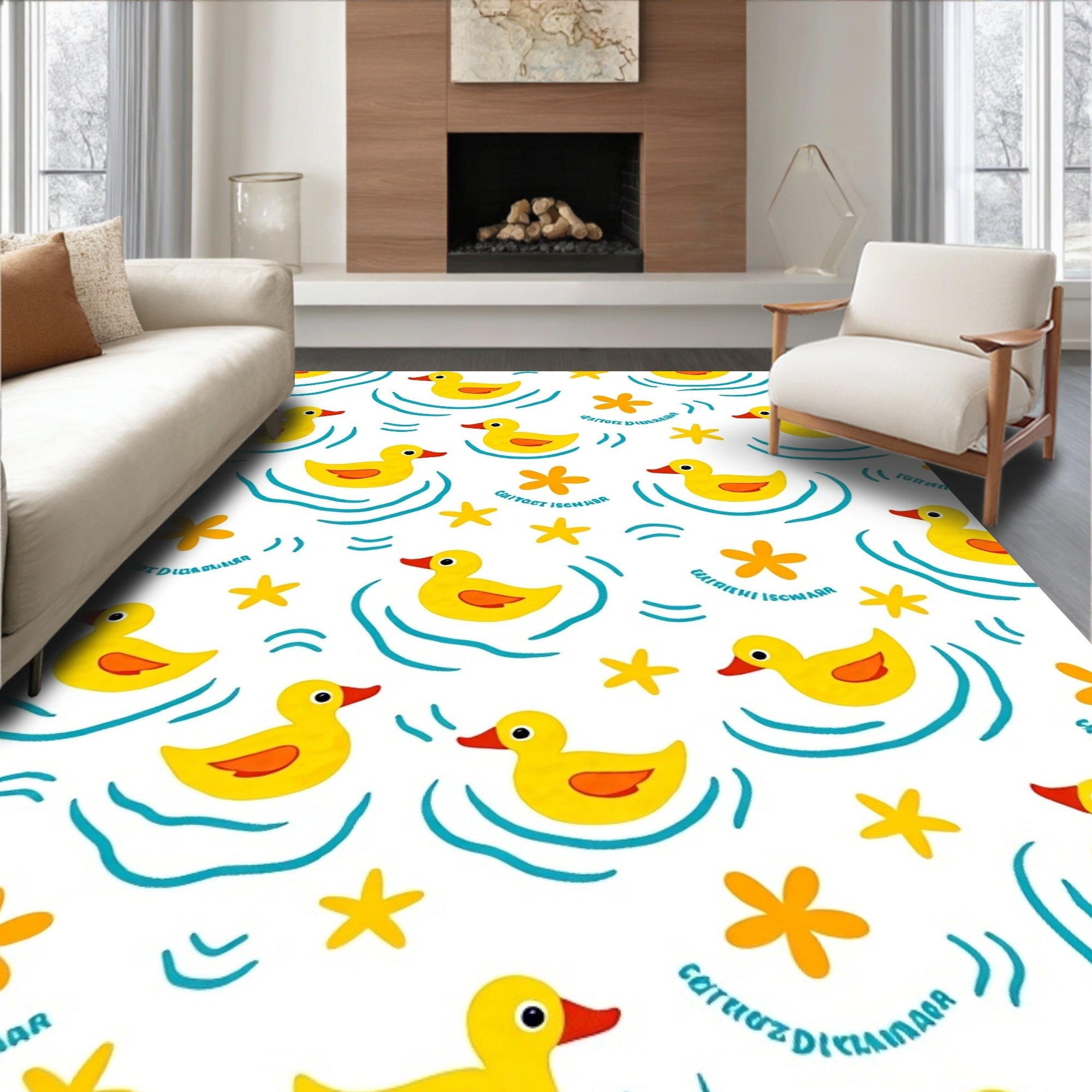 Yellow Ducklings In Blue Ruffled Water Rug