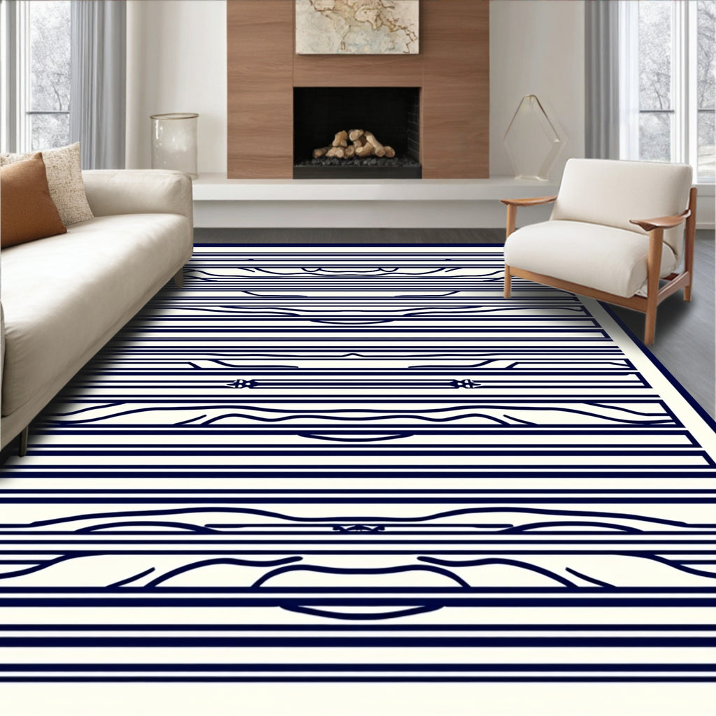Navy White Abstract Wavy Stripe Rug