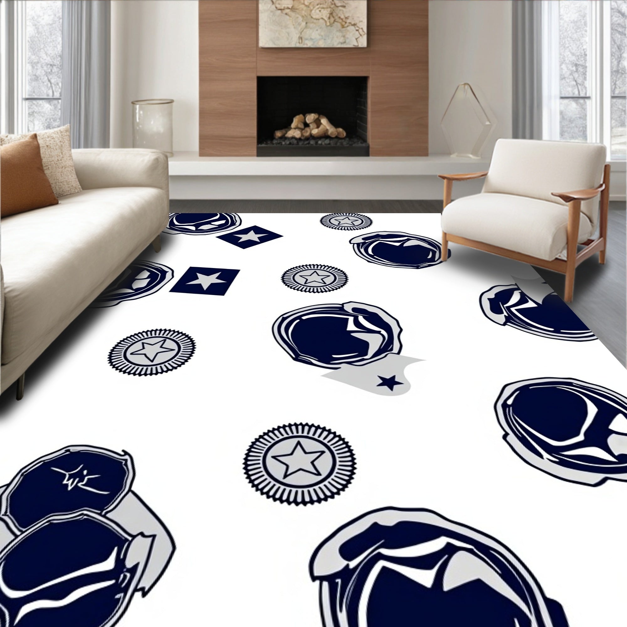 Navy Blue Starburst Round Emblem Rug