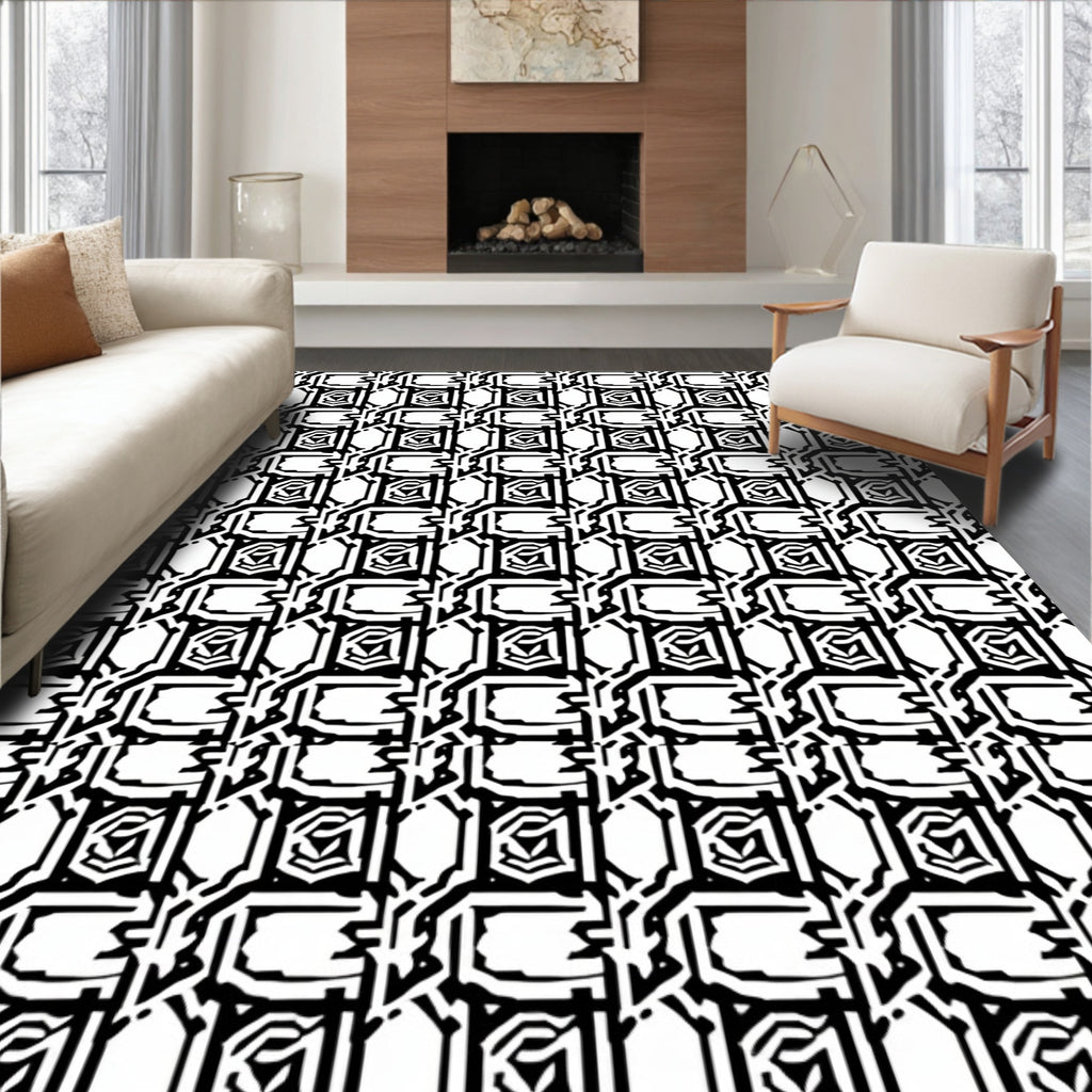 Modern Black White Geometric Lattice Rug