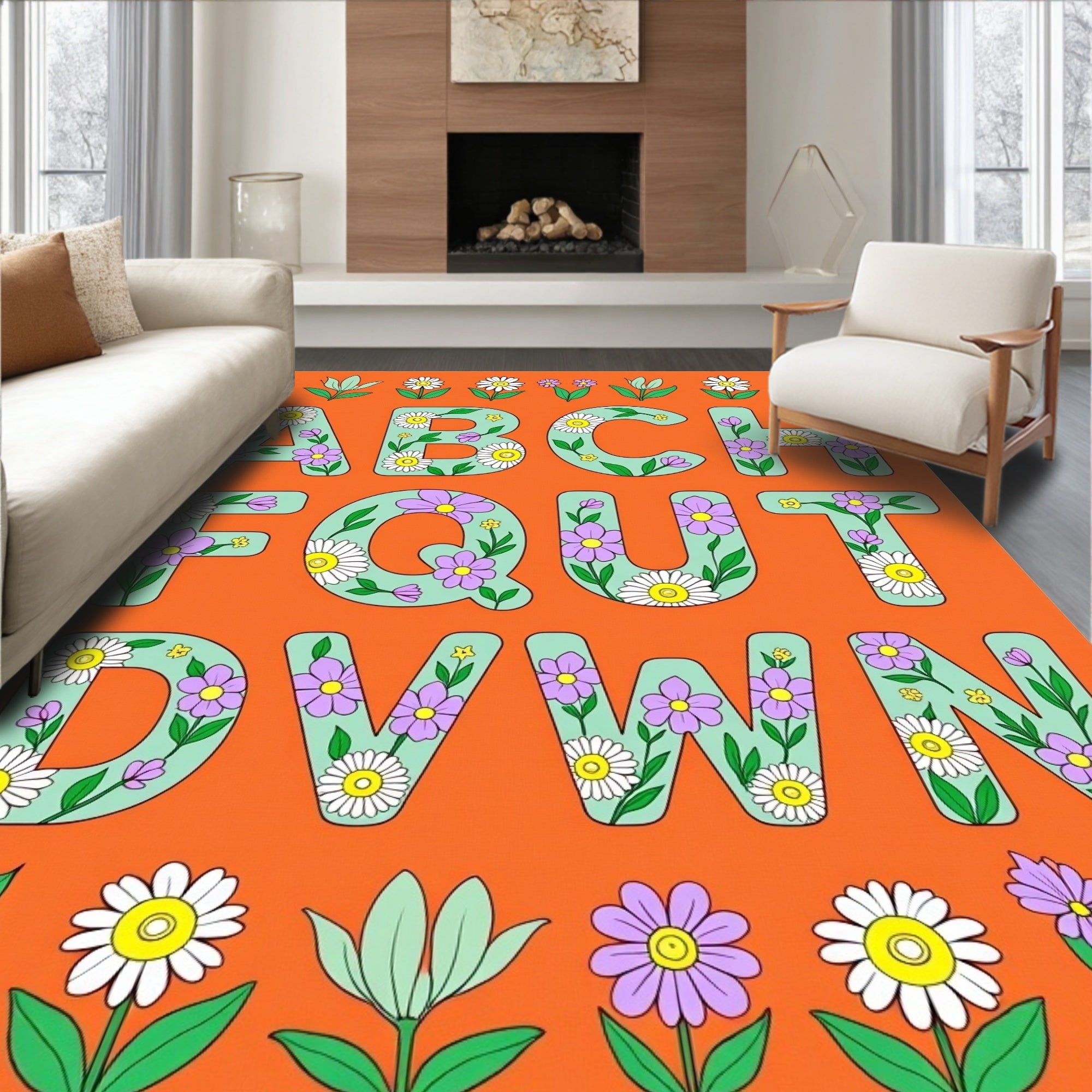 Groovy Floral Alphabet Orange Rug