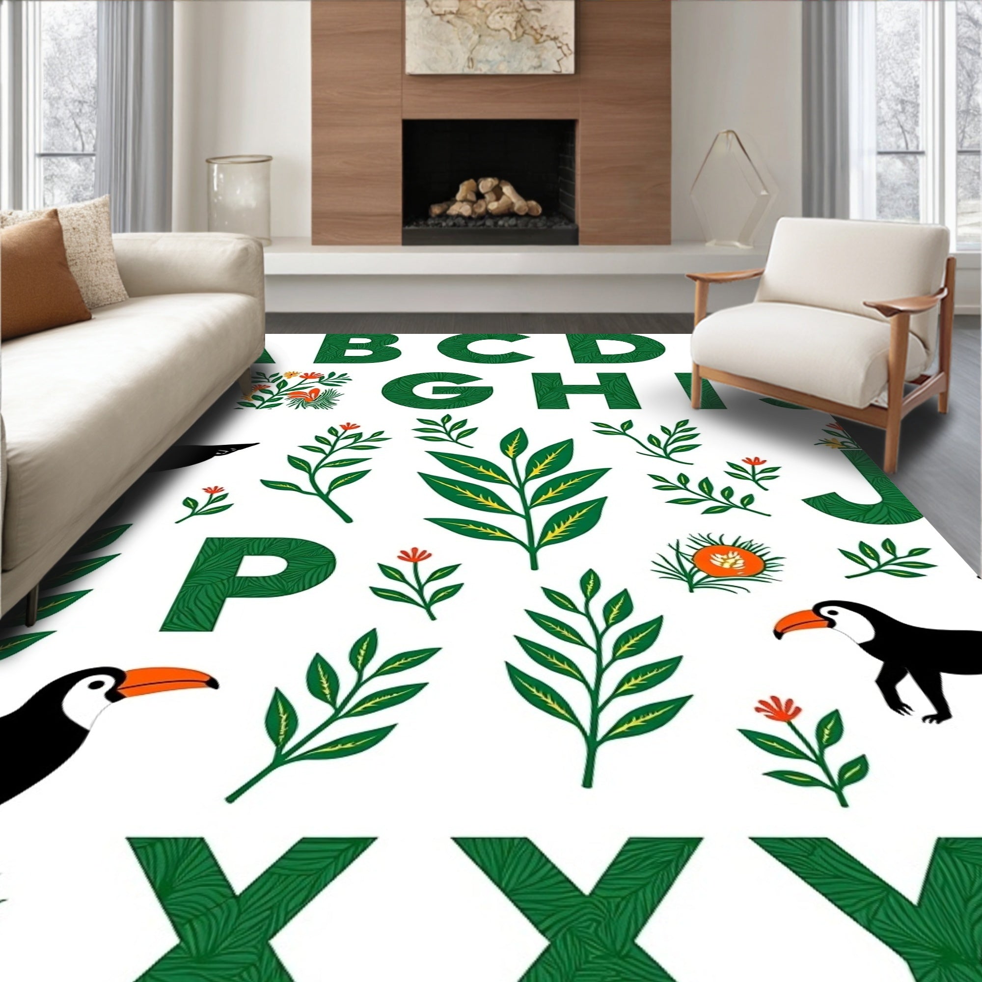 Emerald Alphabet Tropical Birds Rug