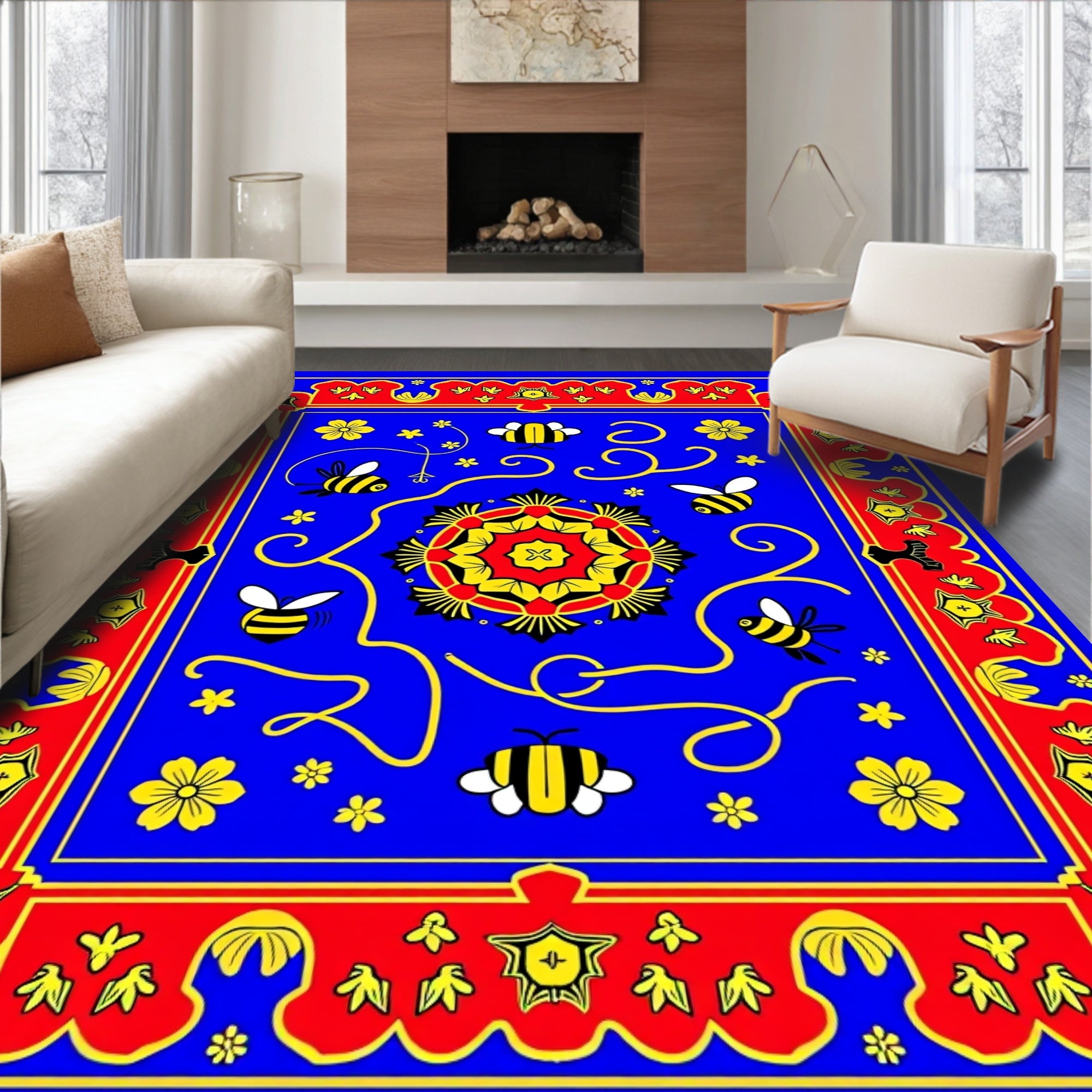 Enchanting Blue Bee Garden Medallion Rug