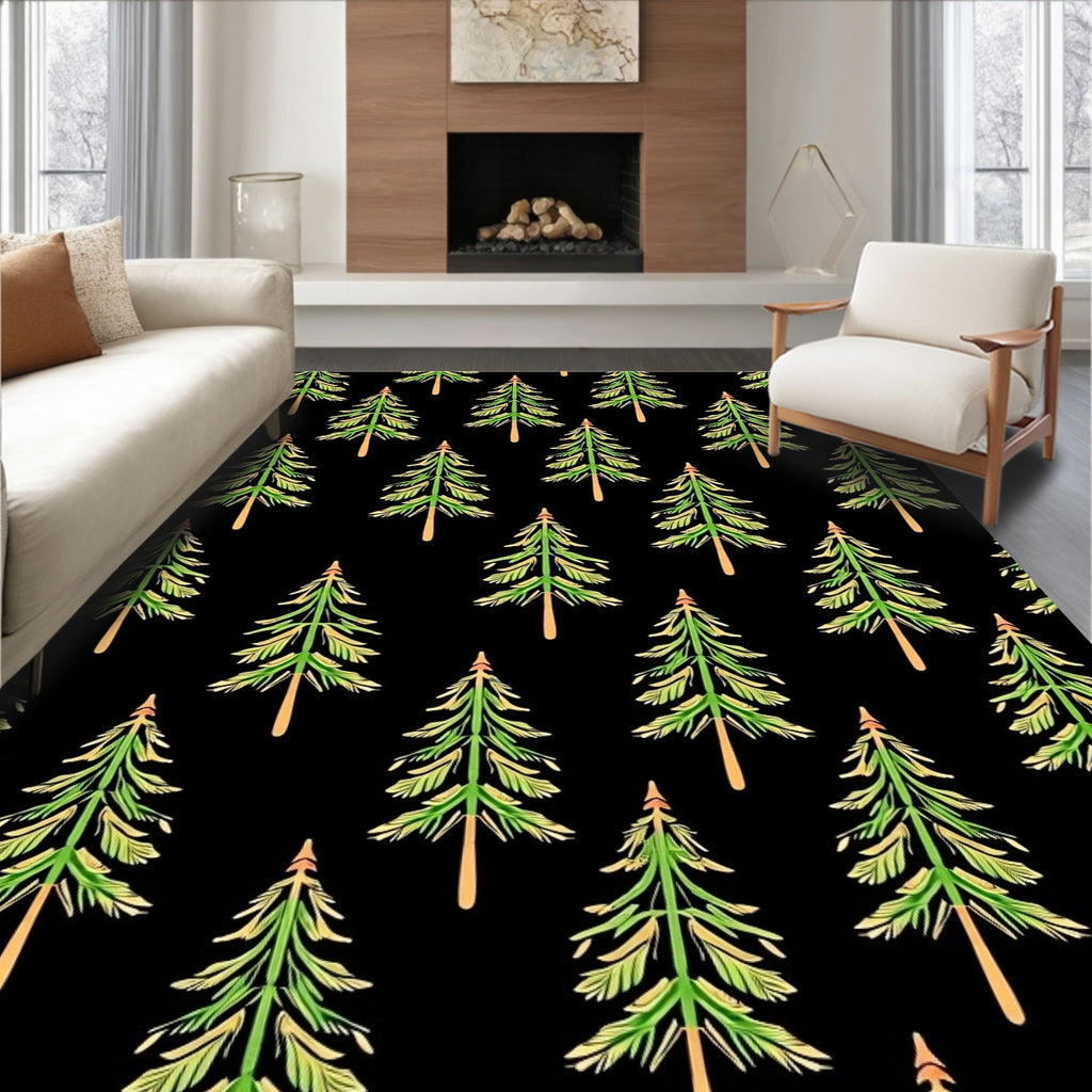 Green Pine Trees Black Background Rug