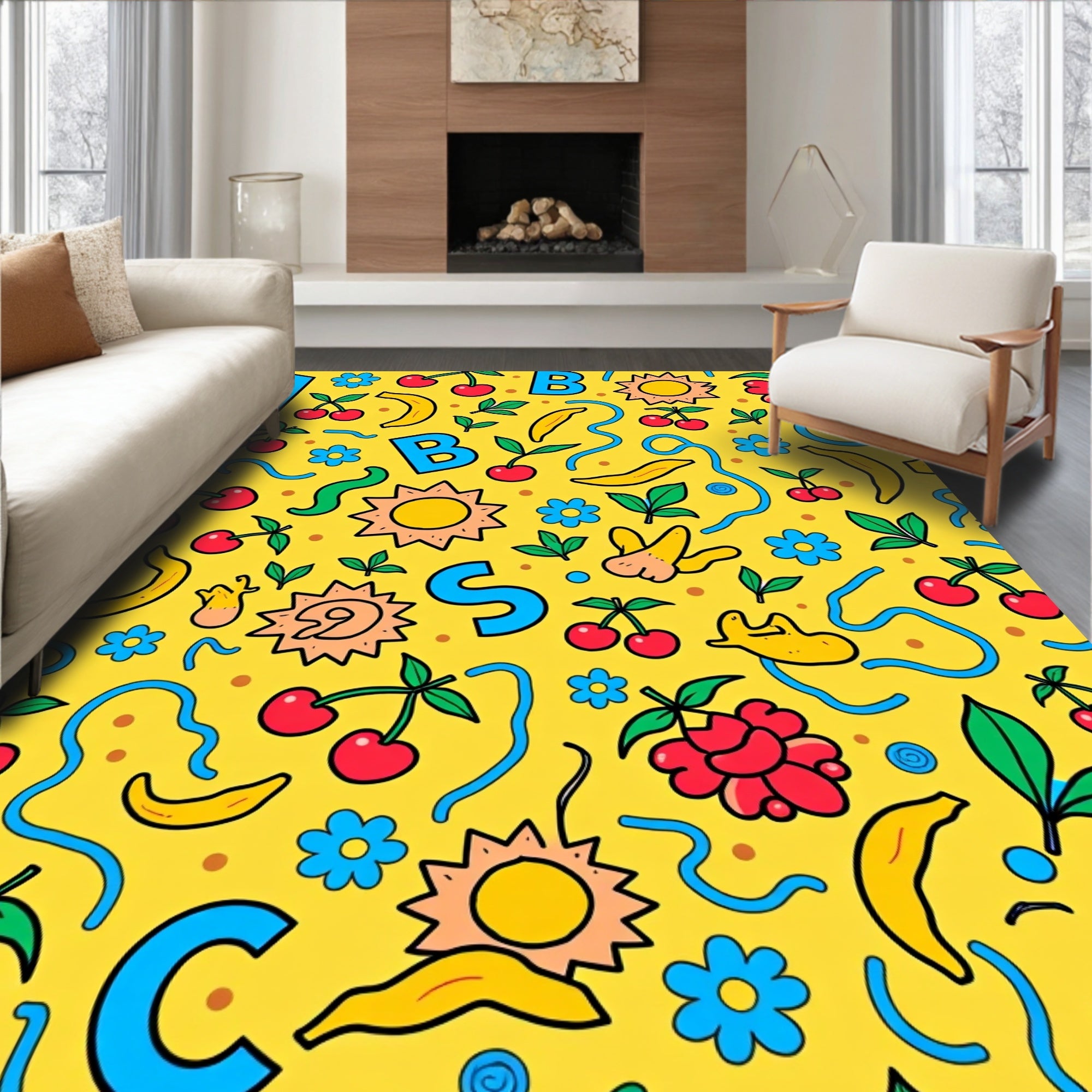 Playful Alphabet and Fruit Yellow Rug